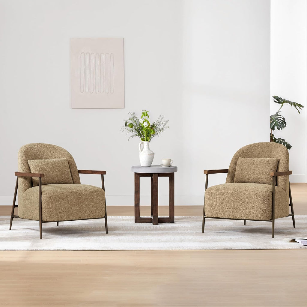 CHITA Accent Chair for Living Room Set of 2, FSC Certified Modern Upholstered Faux Sherpa Fabric Armchair with Metal Frame and Wooden Armrests, Camel
