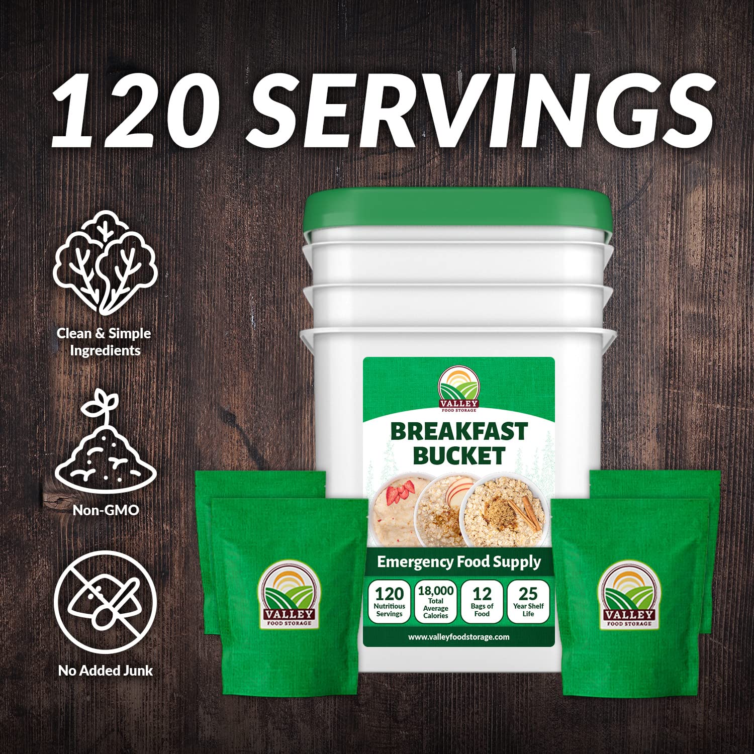 Valley Food Storage 120 Serving Breakfast Bucket | Emergency Food Supply with Easy Prep Breakfast Meals | 25 Year Shelf Life | Camping Food, Prepper Supplies & Long Term Storage | Packaged in USA