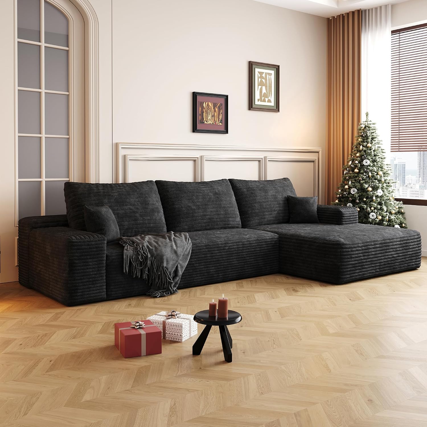 Eafurn Oversized L Shape Modular Sectional Sofa with Right Facing Chaise Lounge,Wide Deep Seat Compressed Corner Couch,Minimalist Corduroy Upholstered Boneless Lounge Sofa Couch