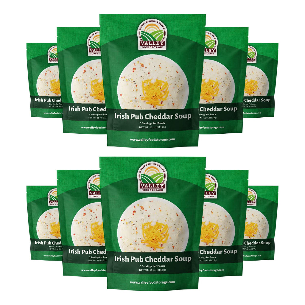Valley Food Storage Irish Pub Cheddar Potato Soup 10-Bag Bucket, 50 Servings | Premium Non-GMO Emergency Food Supply with 25 Year Shelf Life | Survival Meals, Prepper Food, Camping & Off-Grid Supplies