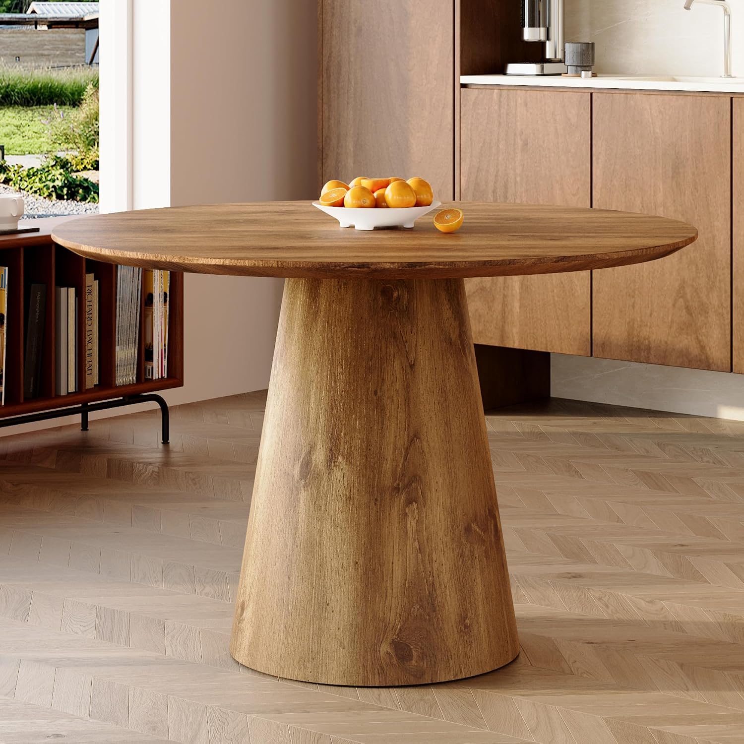 45'' Round Dining Table, Small Round Dining Room Table, One-Piece Tabletop and Stable Pedestal Base, Mid Century Modern Wood Dinner Table for Kitchen Dining Room, Apartment