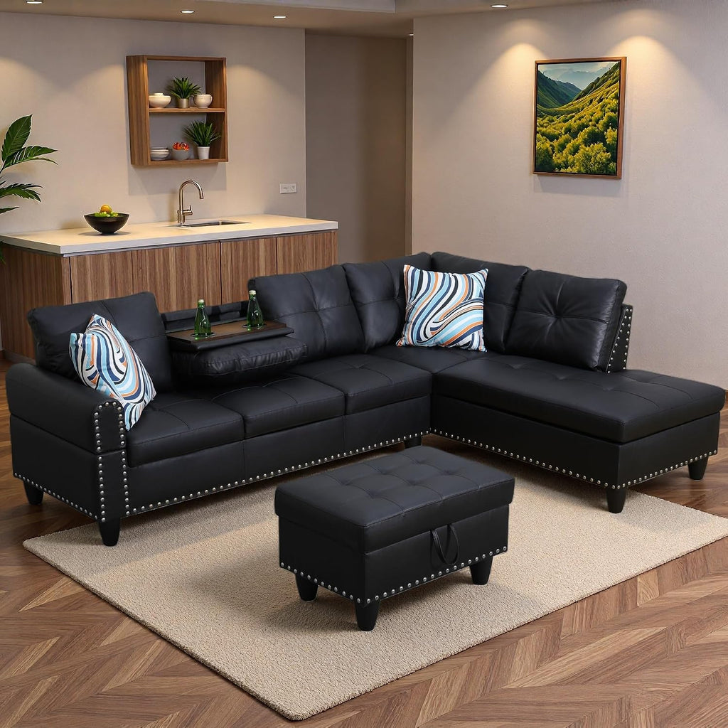Sectional Couches for Living Room with Movable Chaise & Storage Ottoman - 97.5' Leather L Shaped Couches for Living Room Apartment, Home Modular Sectional Sofas with Cup Holder, Black
