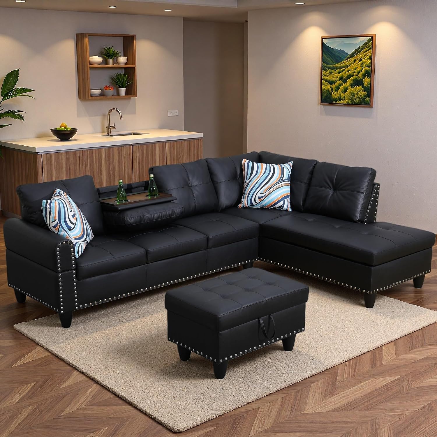 Sectional Couches for Living Room with Movable Chaise & Storage Ottoman - 97.5' Leather L Shaped Couches for Living Room Apartment, Home Modular Sectional Sofas with Cup Holder, Black
