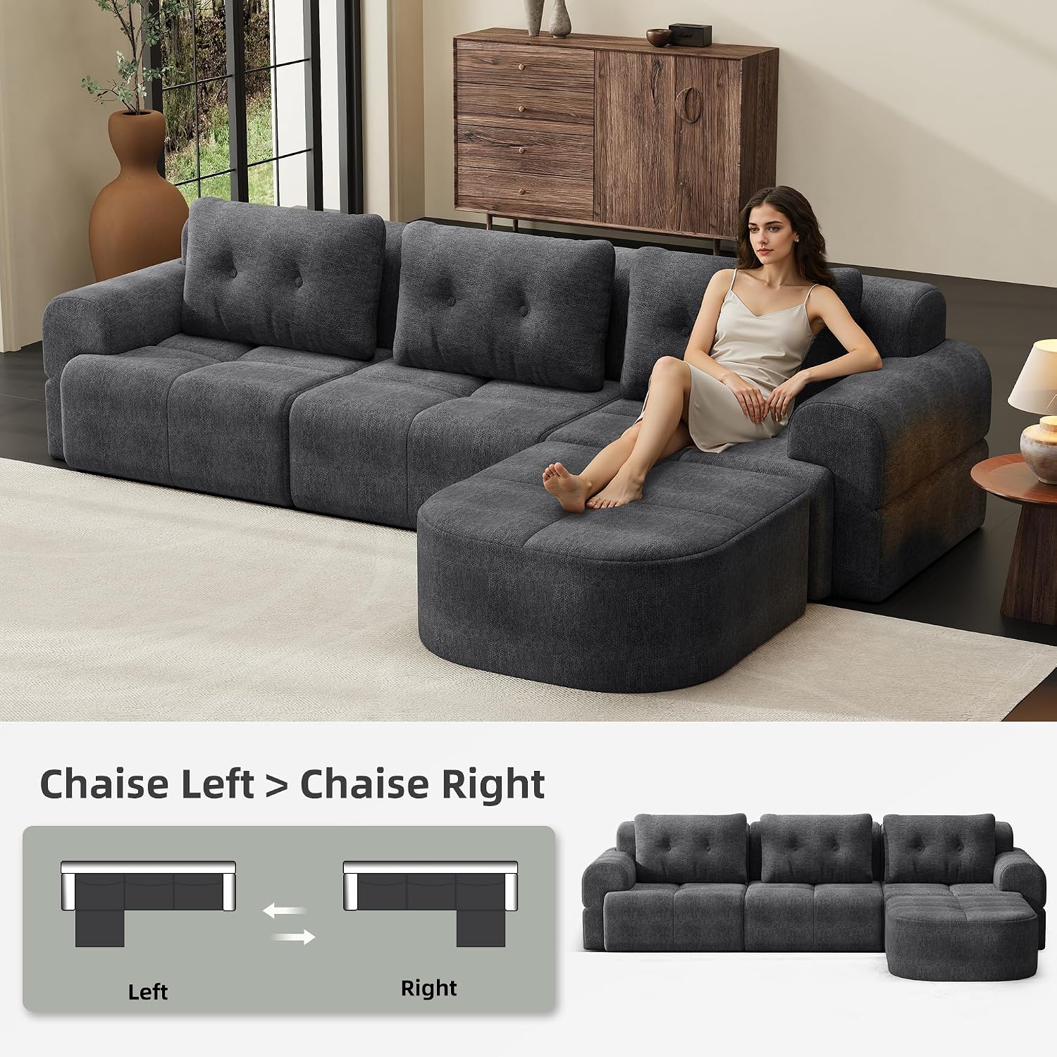 112' Compressed Boneless Sectional Sofa with Movable Ottoman Convertible L Shaped Modular Corner Couch for Living Room - Oversized Cloud Couches W/Tufted Cushions and Deep Seat