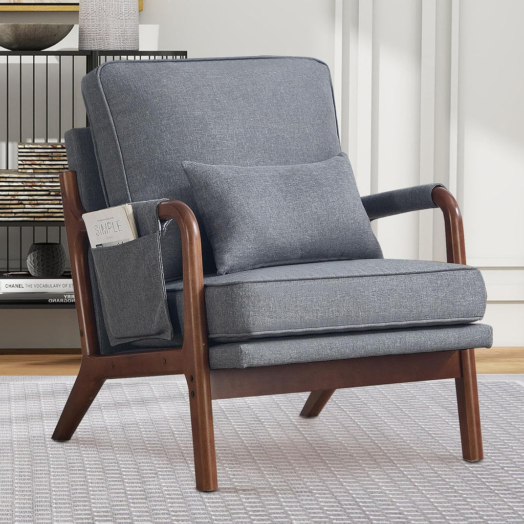 ANJ Mid Century Modern Accent Chair, Lounge Reading Armchair with Extra Side Pocket & Detachable Cushion, Comfy Fabric Accent Chairs for Living Room, Bedroom,Grey
