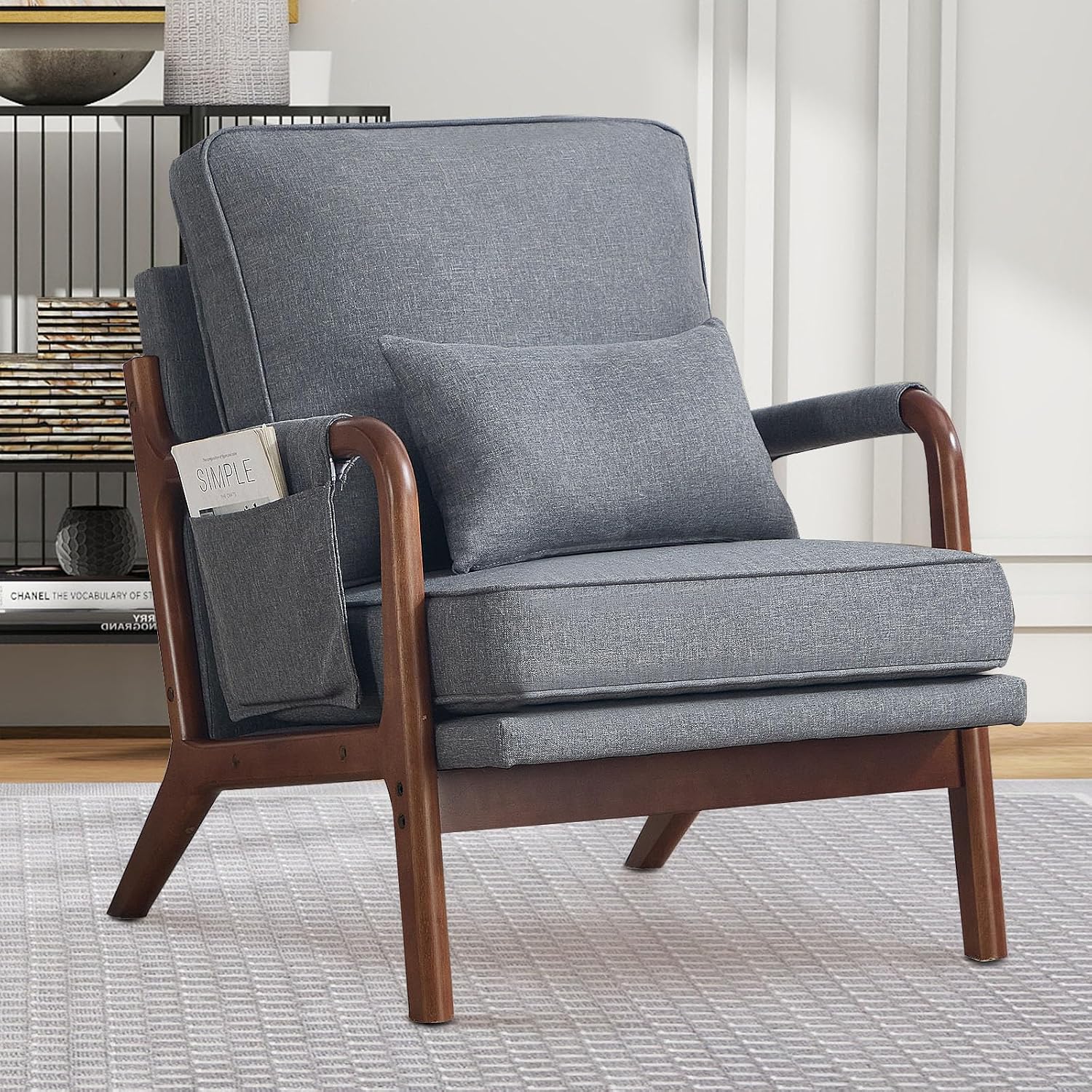 ANJ Mid Century Modern Accent Chair, Lounge Reading Armchair with Extra Side Pocket & Detachable Cushion, Comfy Fabric Accent Chairs for Living Room, Bedroom,Grey