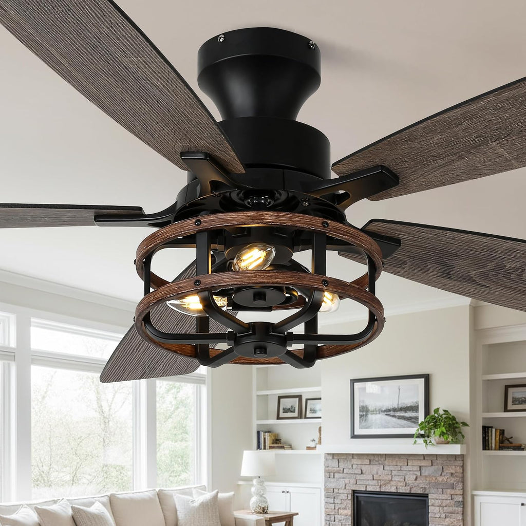 52 Inch Flush Mount Farmhouse Ceiling Fan with Light Rustic Caged Low Profile Ceiling Fan for Living Room Bedroom Patio