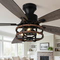 52 Inch Flush Mount Farmhouse Ceiling Fan with Light Rustic Caged Low Profile Ceiling Fan for Living Room Bedroom Patio