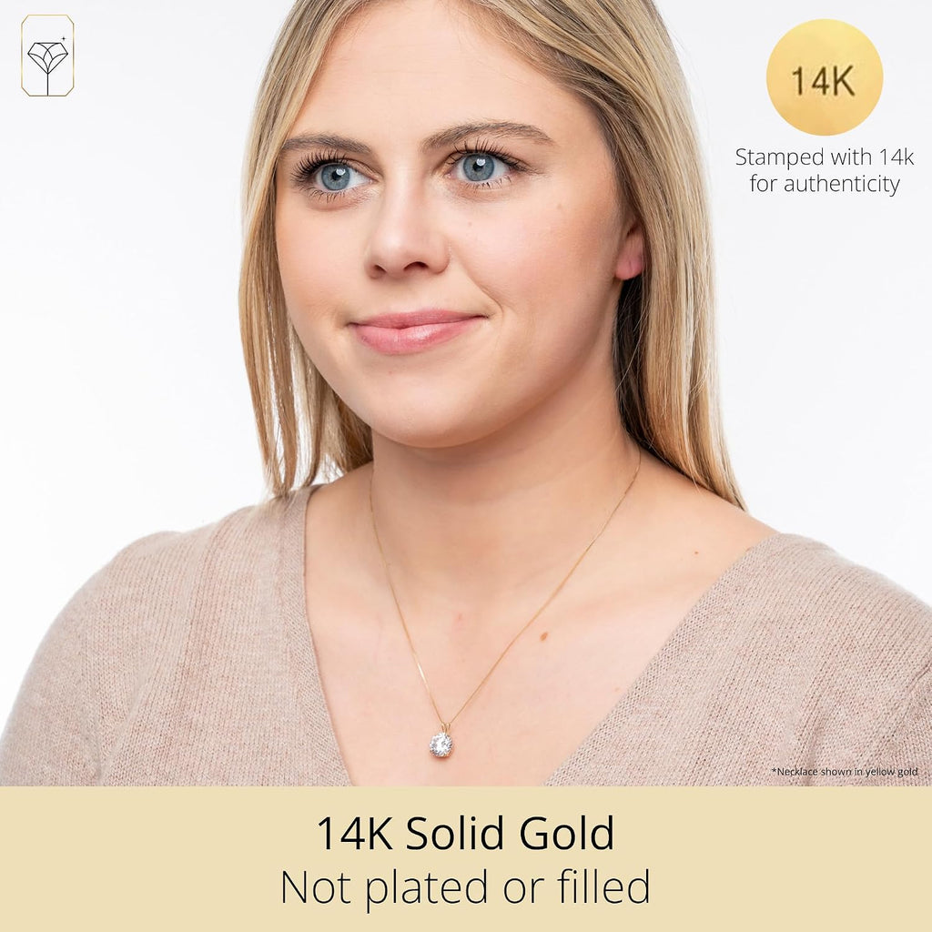 MAX + STONE 14k Gold 8mm Round Solitaire Cubic Zirconia Pendant Necklace for Women with 18 Inch Box Chain