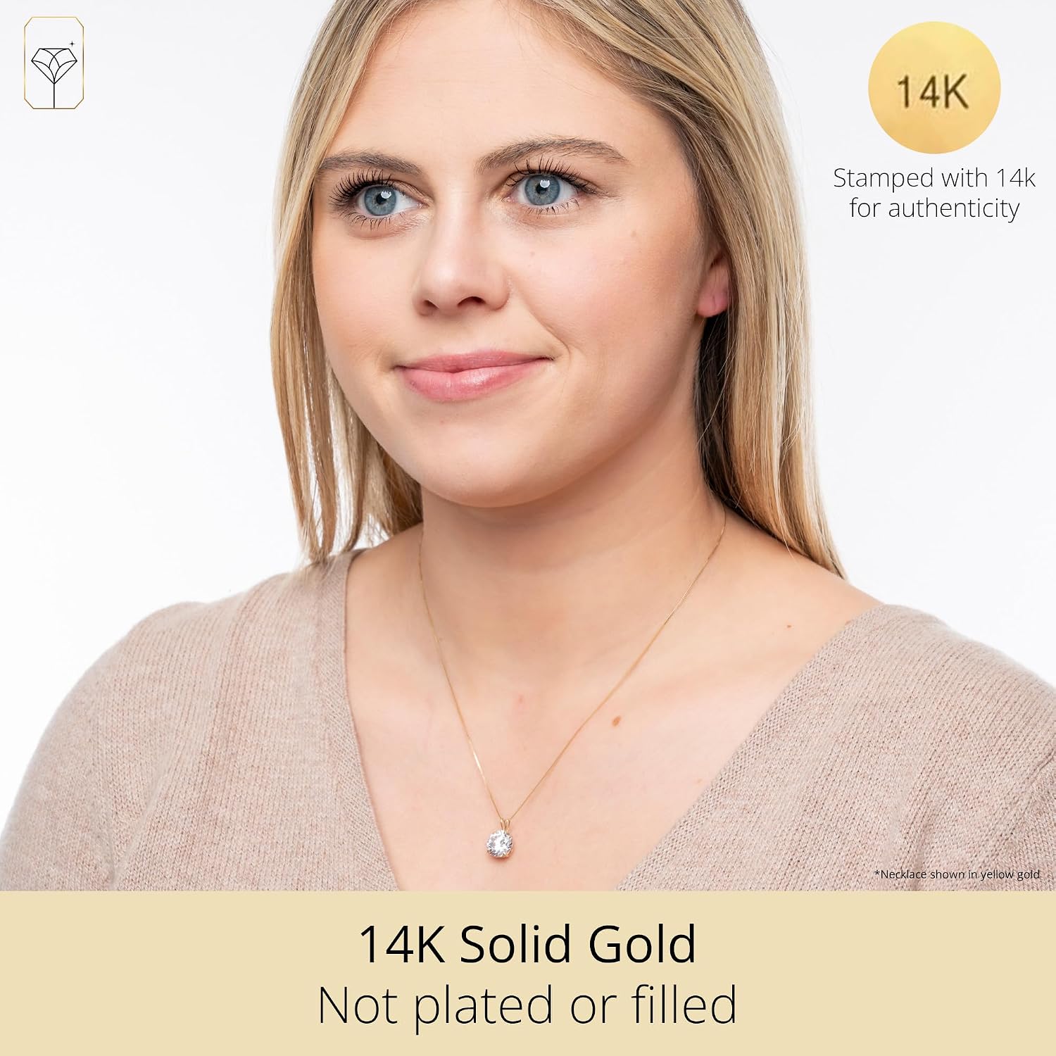 MAX + STONE 14k Gold 8mm Round Solitaire Cubic Zirconia Pendant Necklace for Women with 18 Inch Box Chain