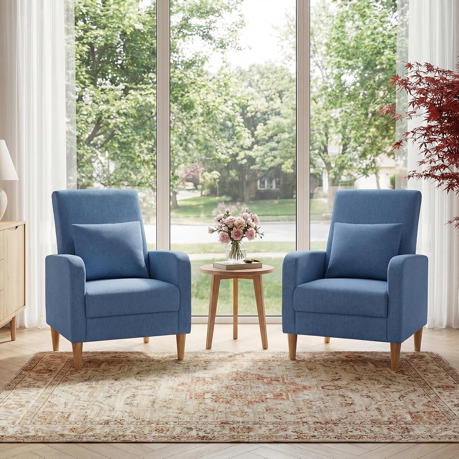 COLAMY Mid-Century Modern Upholstered Accent Chair with Back Pillow & Solid Wood Legs, Fabric Cozy Armchair for Living Room, Bedroom, Reading Nook, Apartment & Small Spaces, Blue