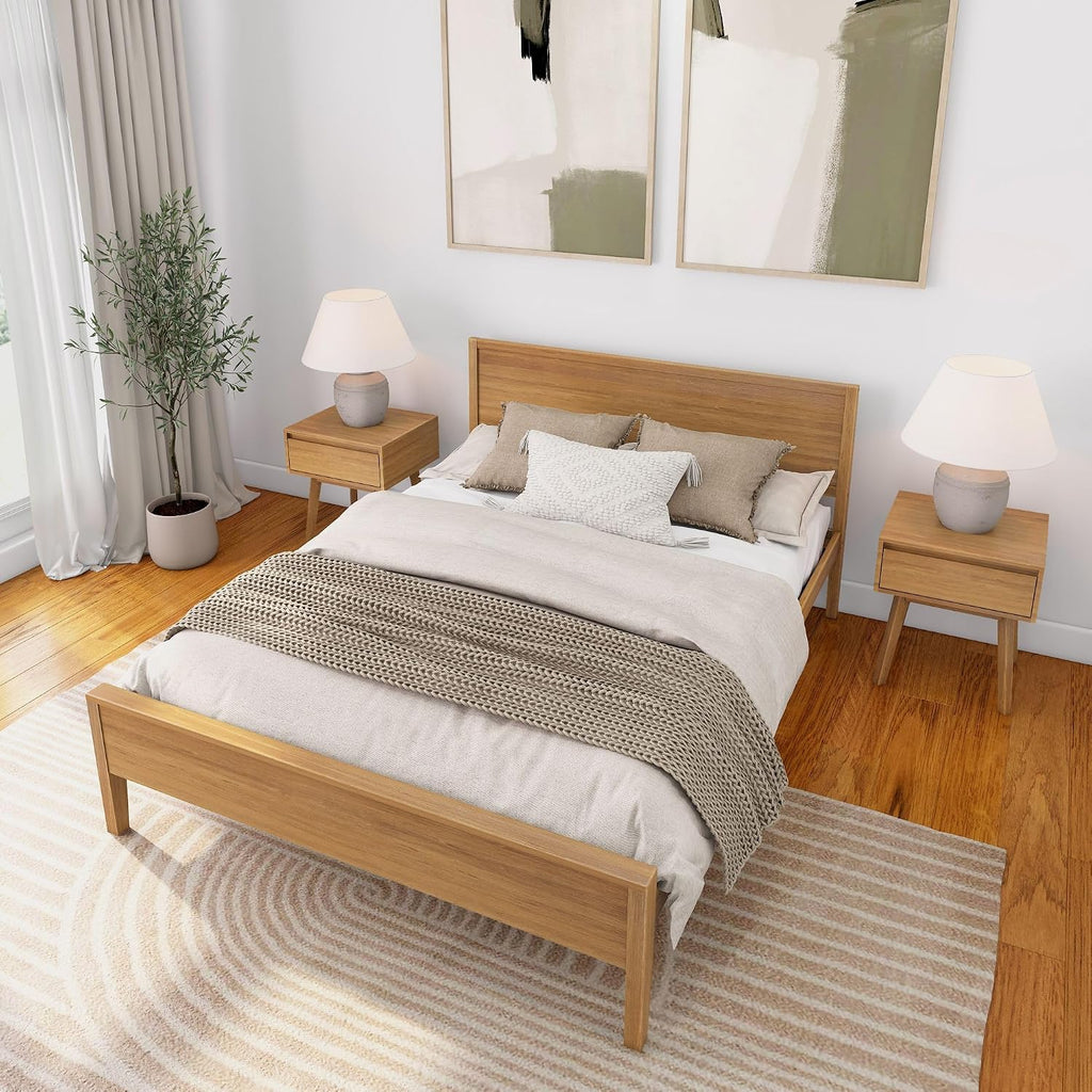 Plank+Beam Solid Wood Queen Bed Frame with Panel Headboard, Modern Queen Platform Bed with Wood Slat Support, No Box Spring Needed, Pecan