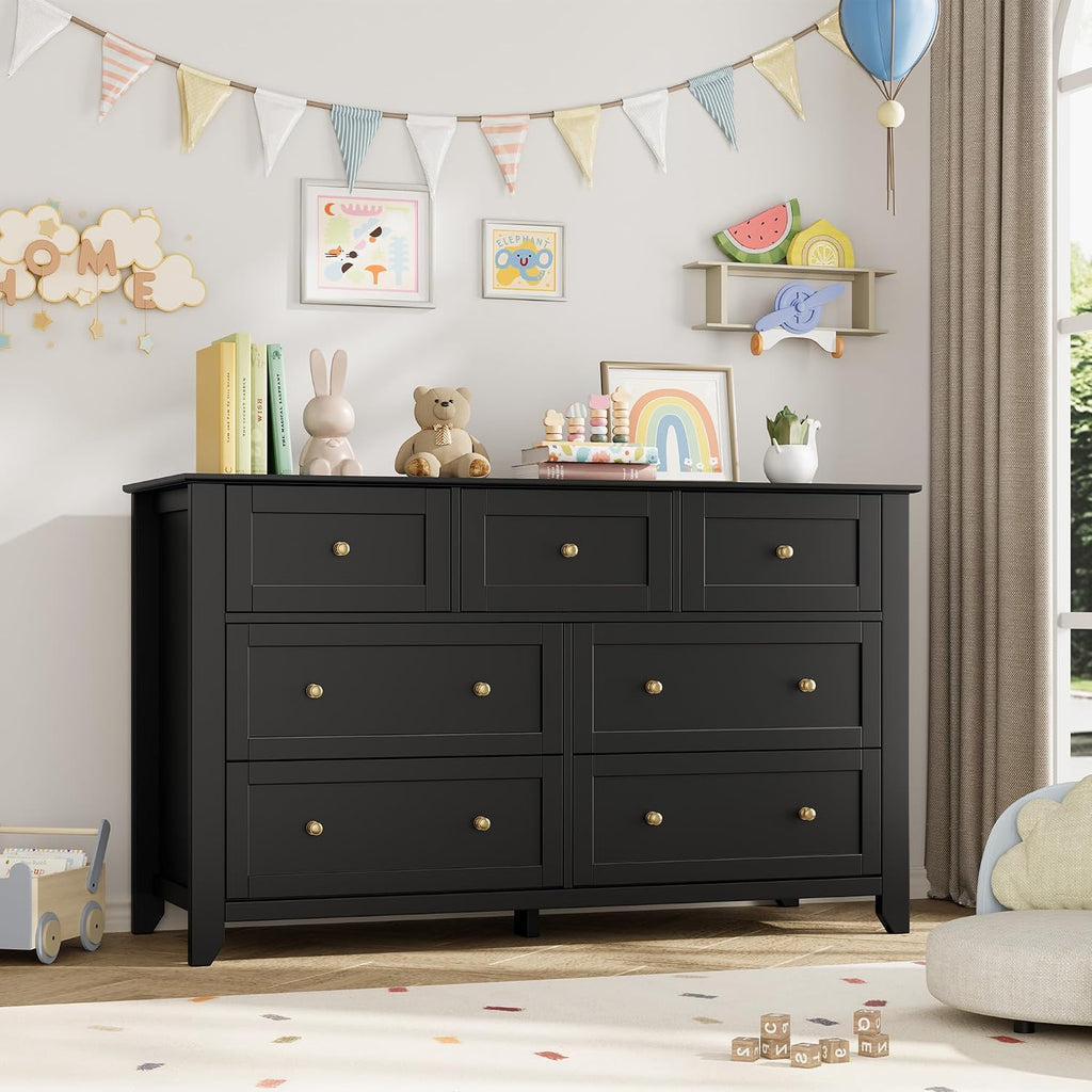 IDEALHOUSE Black 7 Drawer Dresser for Bedroom, 54' Wide Dresser with Deep Drawers & Metal Knobs, Modern Large Wooden Chests of Drawers for Entryway, Hallway