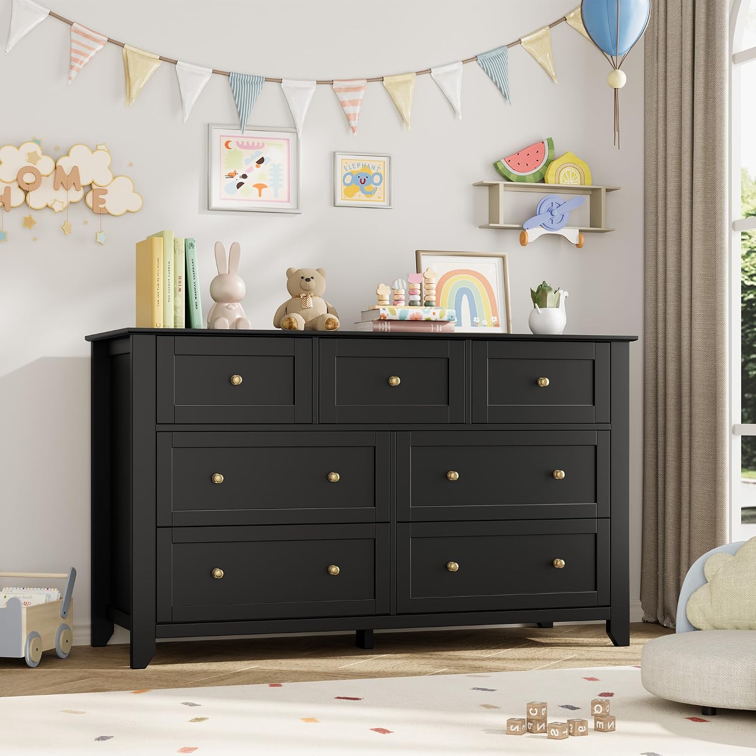 IDEALHOUSE Black 7 Drawer Dresser for Bedroom, 54' Wide Dresser with Deep Drawers & Metal Knobs, Modern Large Wooden Chests of Drawers for Entryway, Hallway