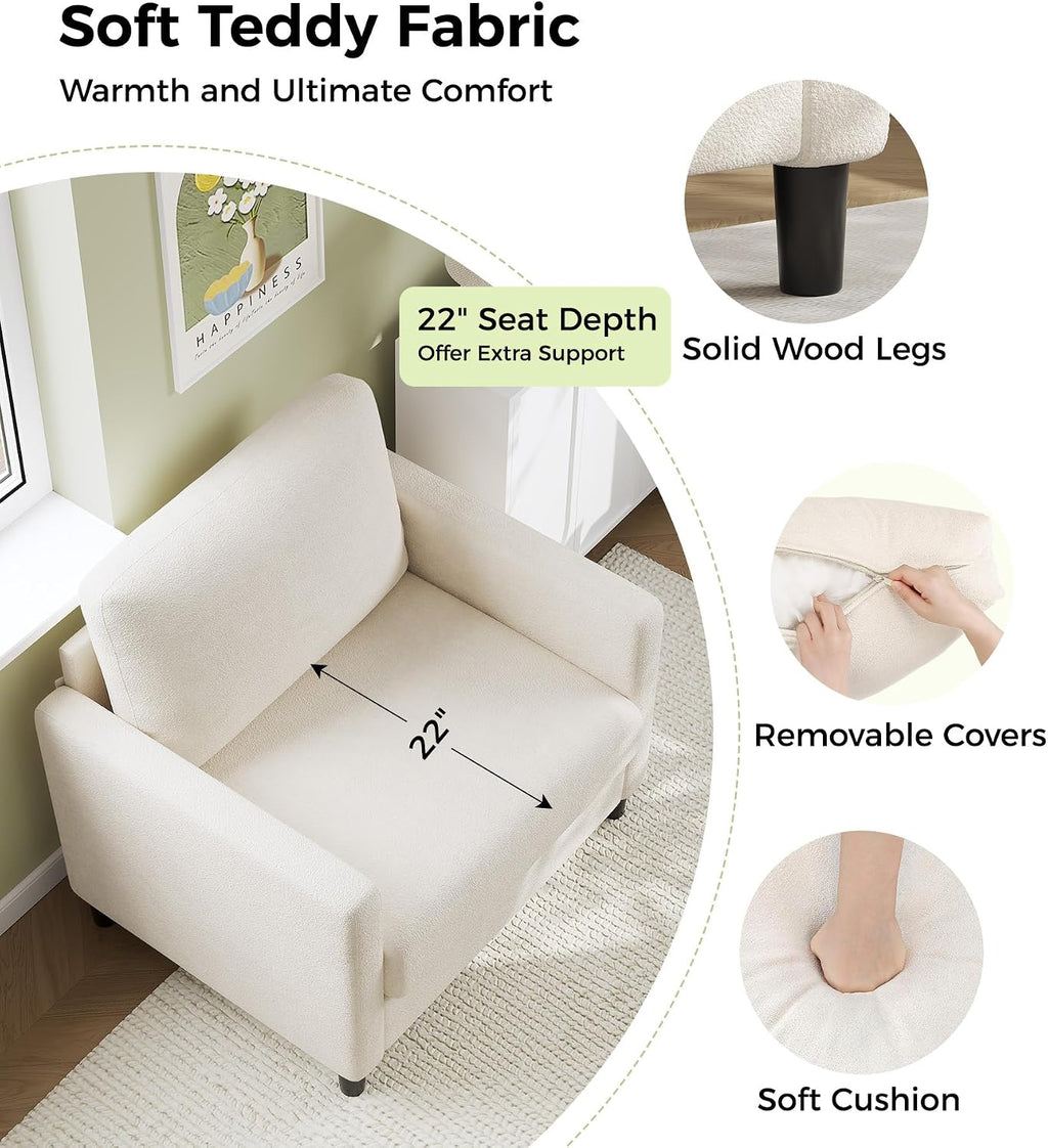 Welzona Sofa Accent Chair, 33' Reading Chair for Bedroom, Tool-Free Setup Living Room Accent Chairs, Comfy Arm Chairs Living Room, All-Wood Reading Nook, Cream White