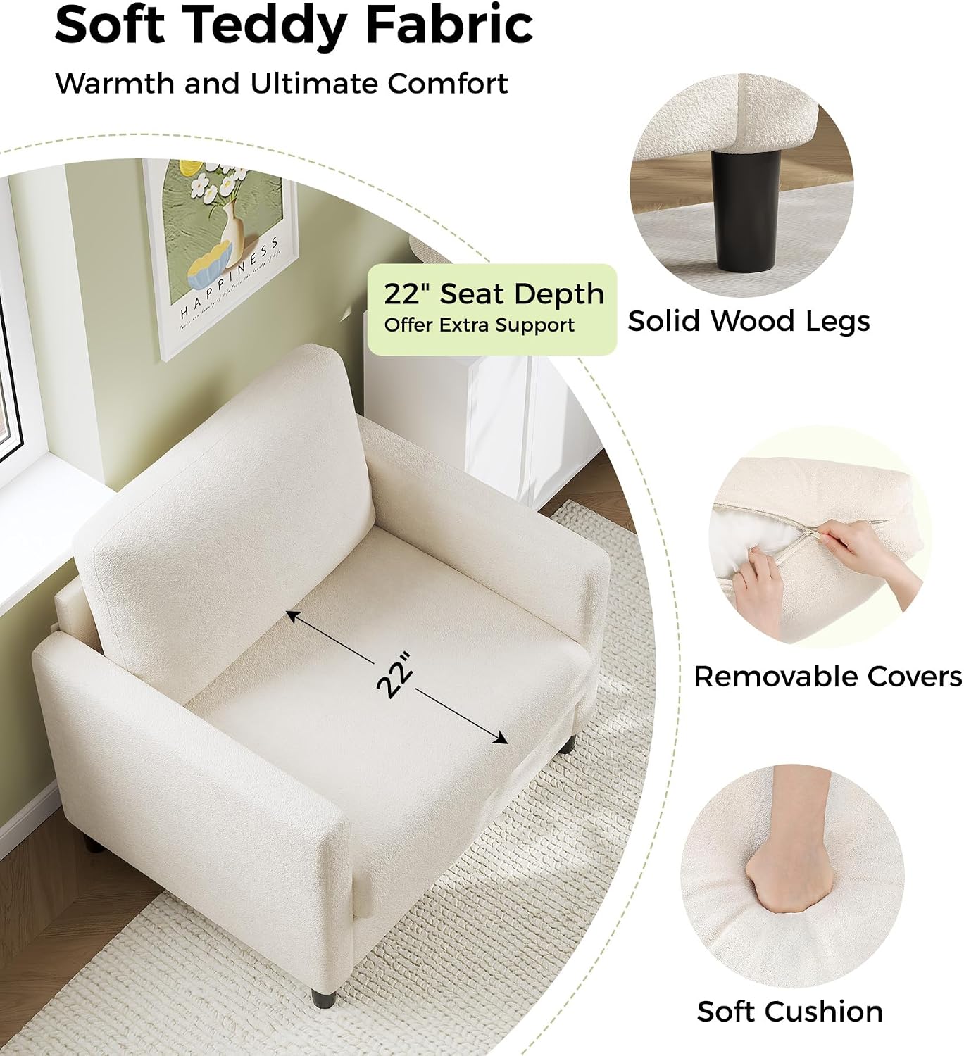Welzona Sofa Accent Chair, 33' Reading Chair for Bedroom, Tool-Free Setup Living Room Accent Chairs, Comfy Arm Chairs Living Room, All-Wood Reading Nook, Cream White