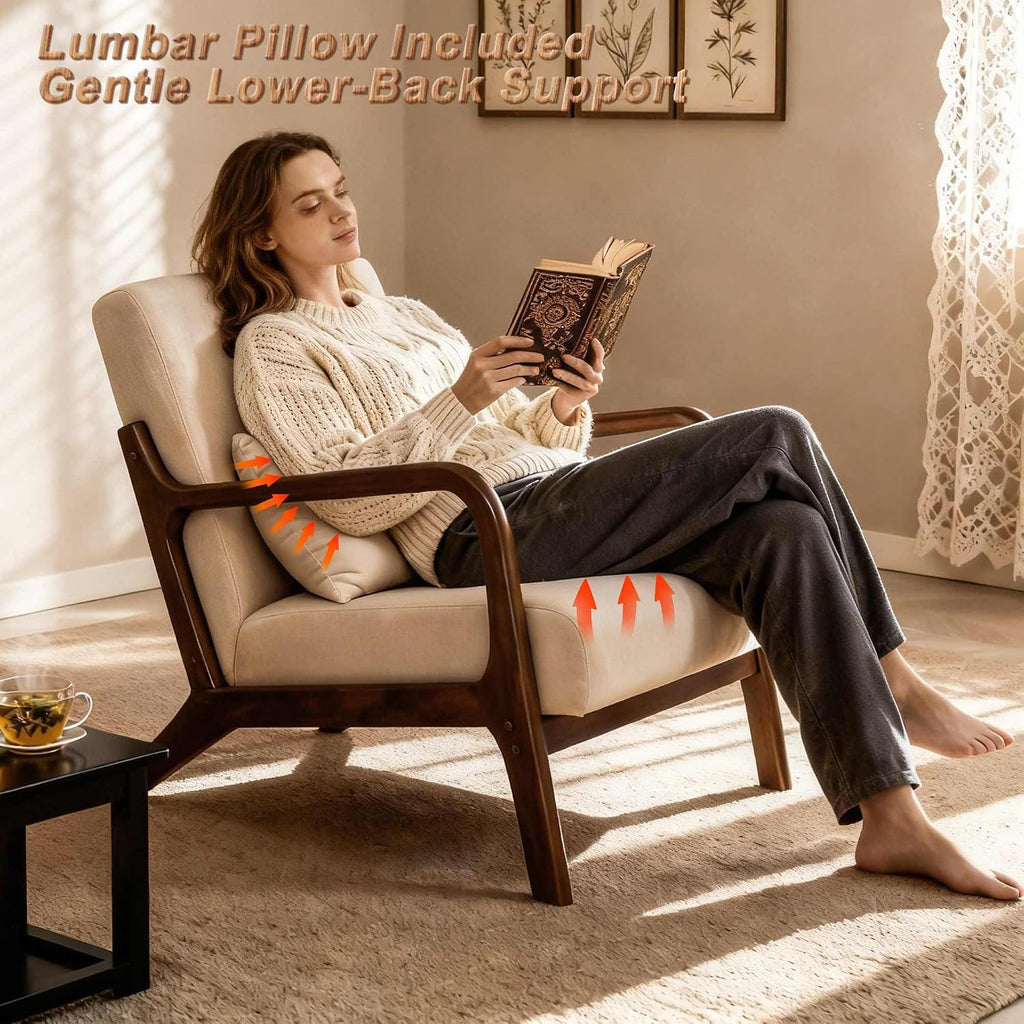 Mid Century Modern Accent Chair - Solid Rubberwood Frame Reading Armchair with Lumbar Pillow - Comfy Linen Lounge Chair for Living Room Bedroom Small Space - Heavy Duty 350lbs