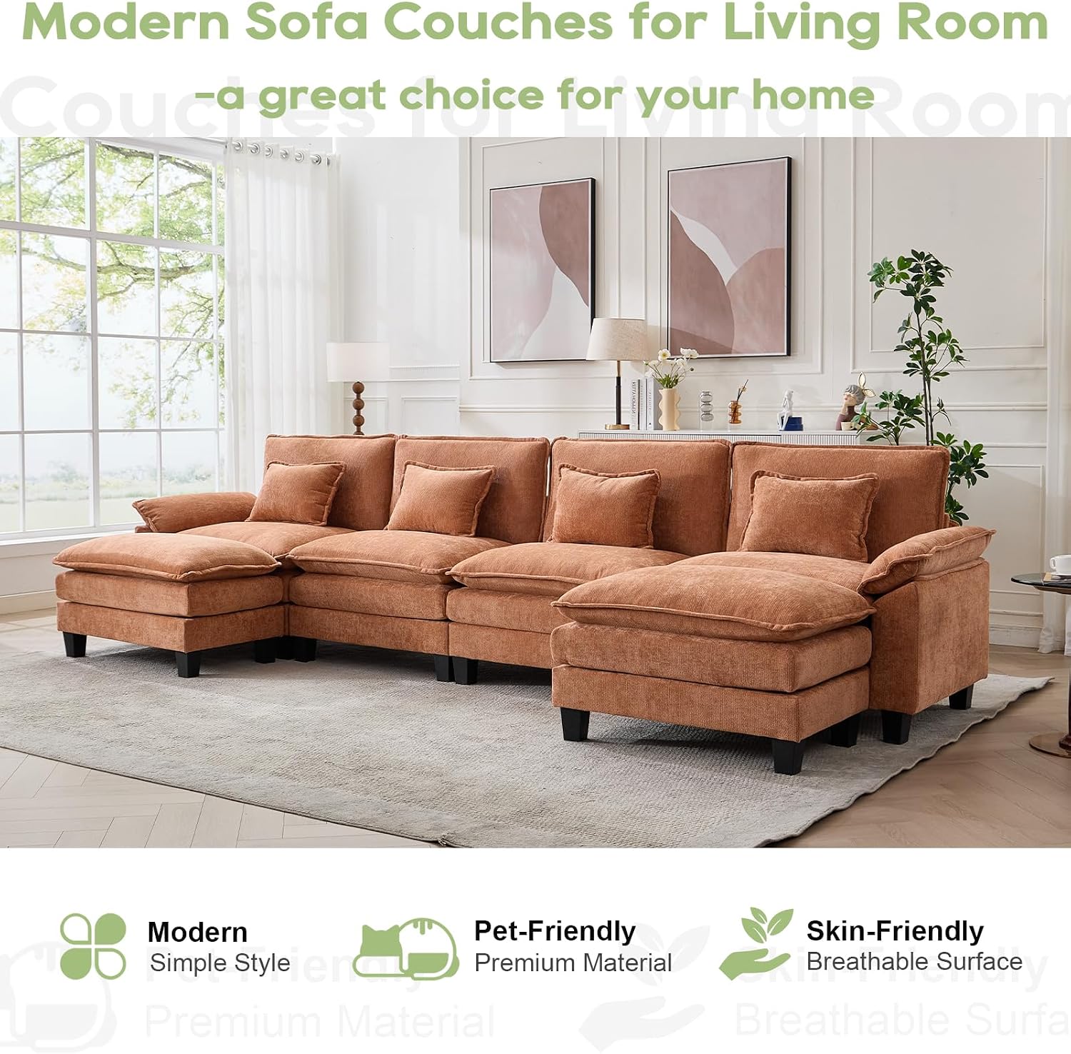 Oprisen 154' Modular Sectional Sofa, Comfy Cloud Couch Sectional Sofa with Ottoman, Chenille Sofa Sleeper Deep Seat Sofa with Throw Pillows for Living Room (Orange, 154'- U Shape)