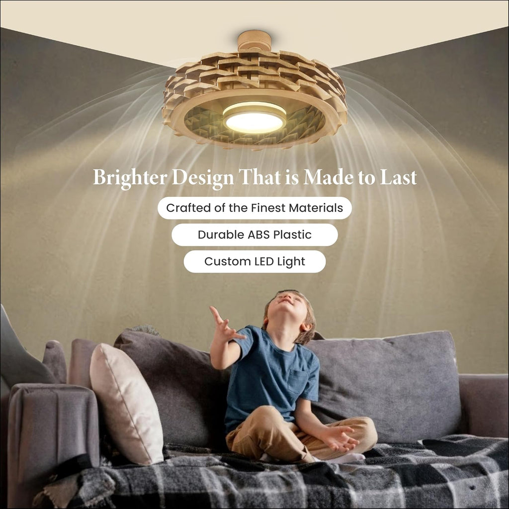 Bladeless Ceiling Fan with Lights & Remote – LUMIO 28' Low-Profile Downrod or Flush Mount Ceiling Fan with Lights for Bedroom & More – Dimmable LED, Night Light & Wi-Fi Connect, Faux Wood