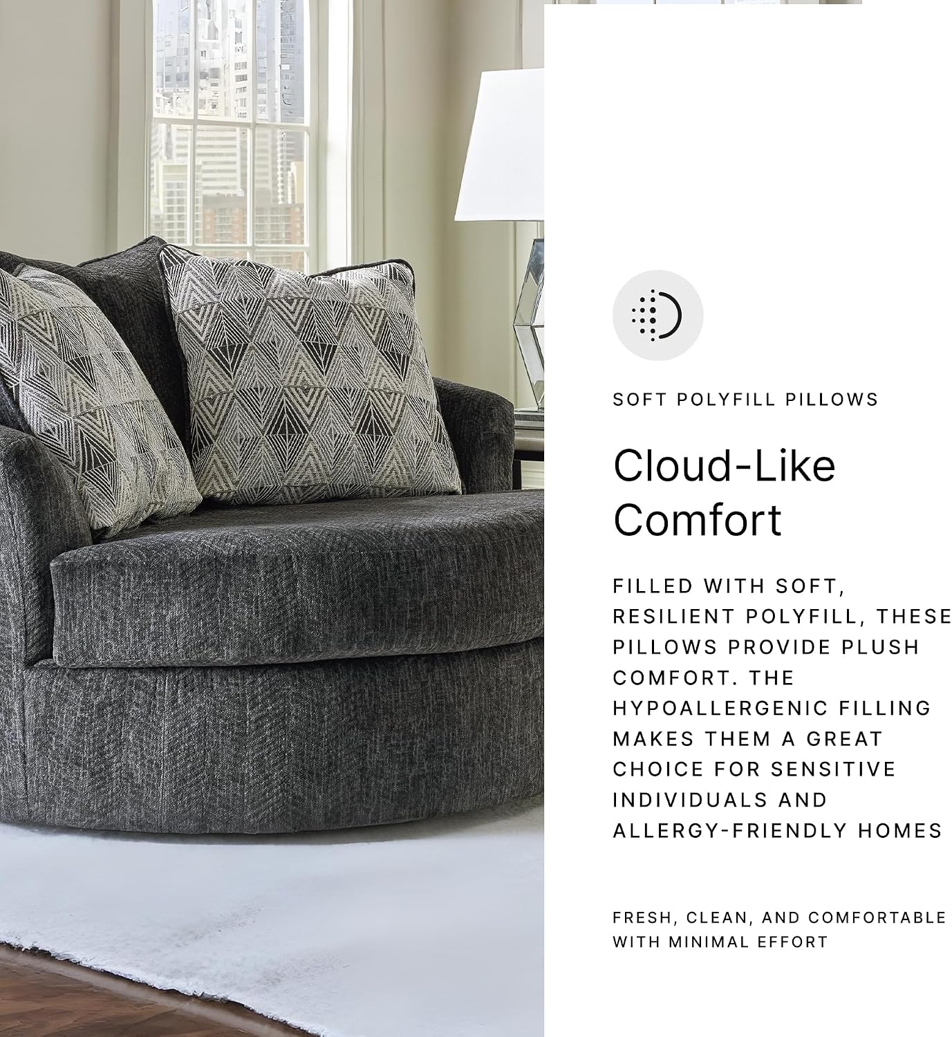 Signature Design by Ashley Biddeford Transitional Upholstered Oversized Swivel Accent Chair with 3 Accent Pillows, Black