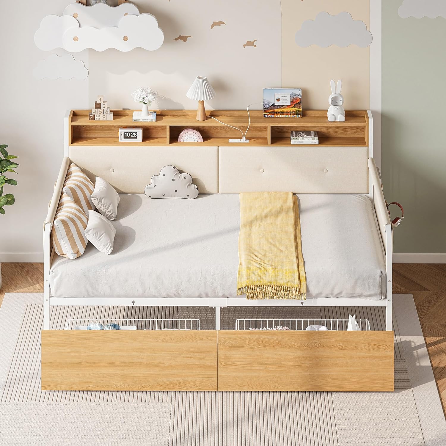 LIKIMIO Twin Daybed with Storage,Upholstered Headboard and Charging Station,White