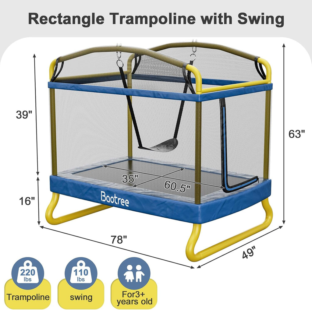 6.5FT Rectangle Trampoline for Kids, 78'ASTM Approved Recreational Trampolines with Swing, Small Toddler Trampoline with Safety Enclosure Net, Outdoor and Backyard, Gifts for Children & Boys & Girls