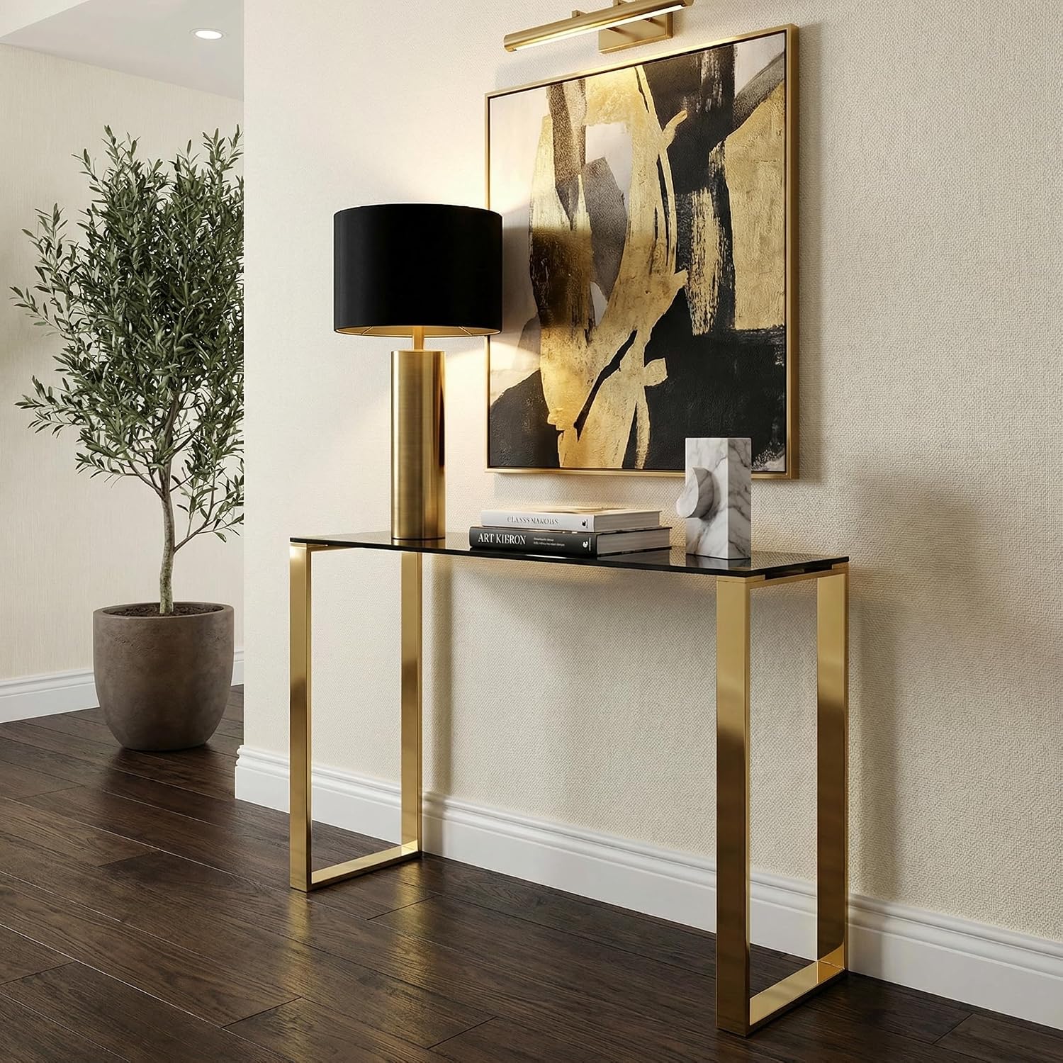 Cortesi Home Remini Narrow Contemporary Glass Console Table in Polished Gold Finish, Black Glass