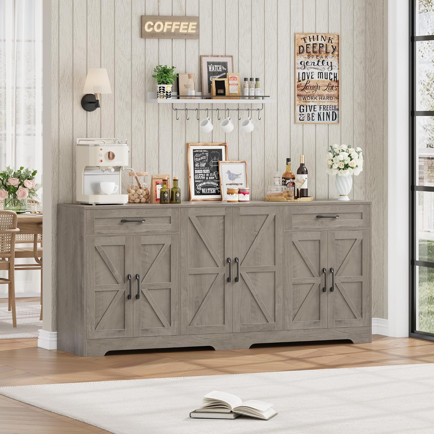 BOTLOG 71' Large Sideboard Buffet Cabinet with Storage, Farmhouse Kitchen Buffet Cabinet with Adjustable Shelves and 6 Barn Doors, Wood Coffee Wine Bar Console Table, White, Ash Grey (Ash Grey)