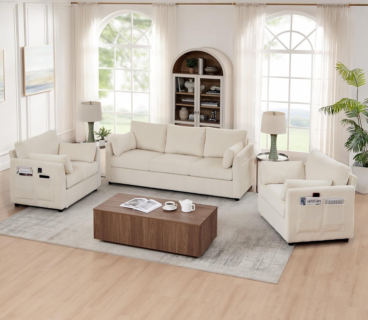 Mofolit Sofa Set for Living Room Corduroy Couch Sets 3 Seater and Single Chair, Sofas for Apartment and Small Spaces (Beige, Sofa Set)