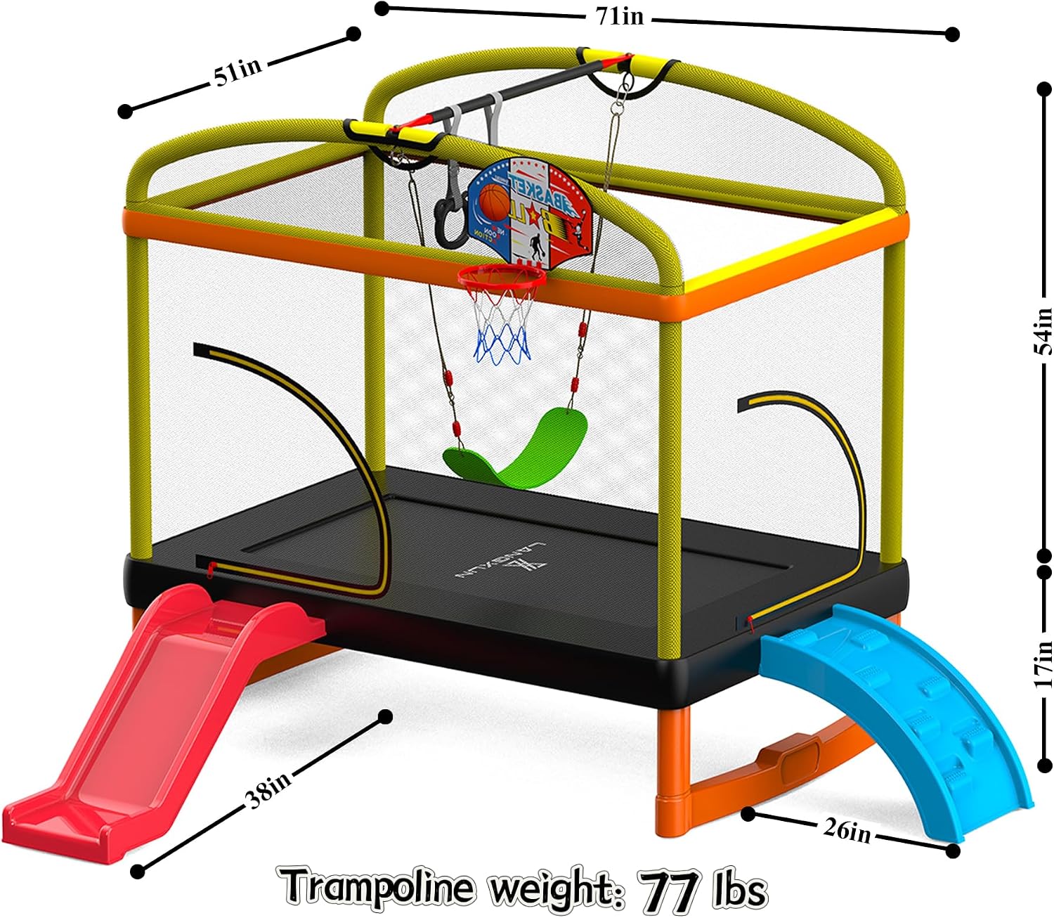 6.5FT Rectangle Trampoline with Swing Basketball Outdoor Climb Slide Trampoline for Kids Recreation Trampolines with Enclosure Safety Net