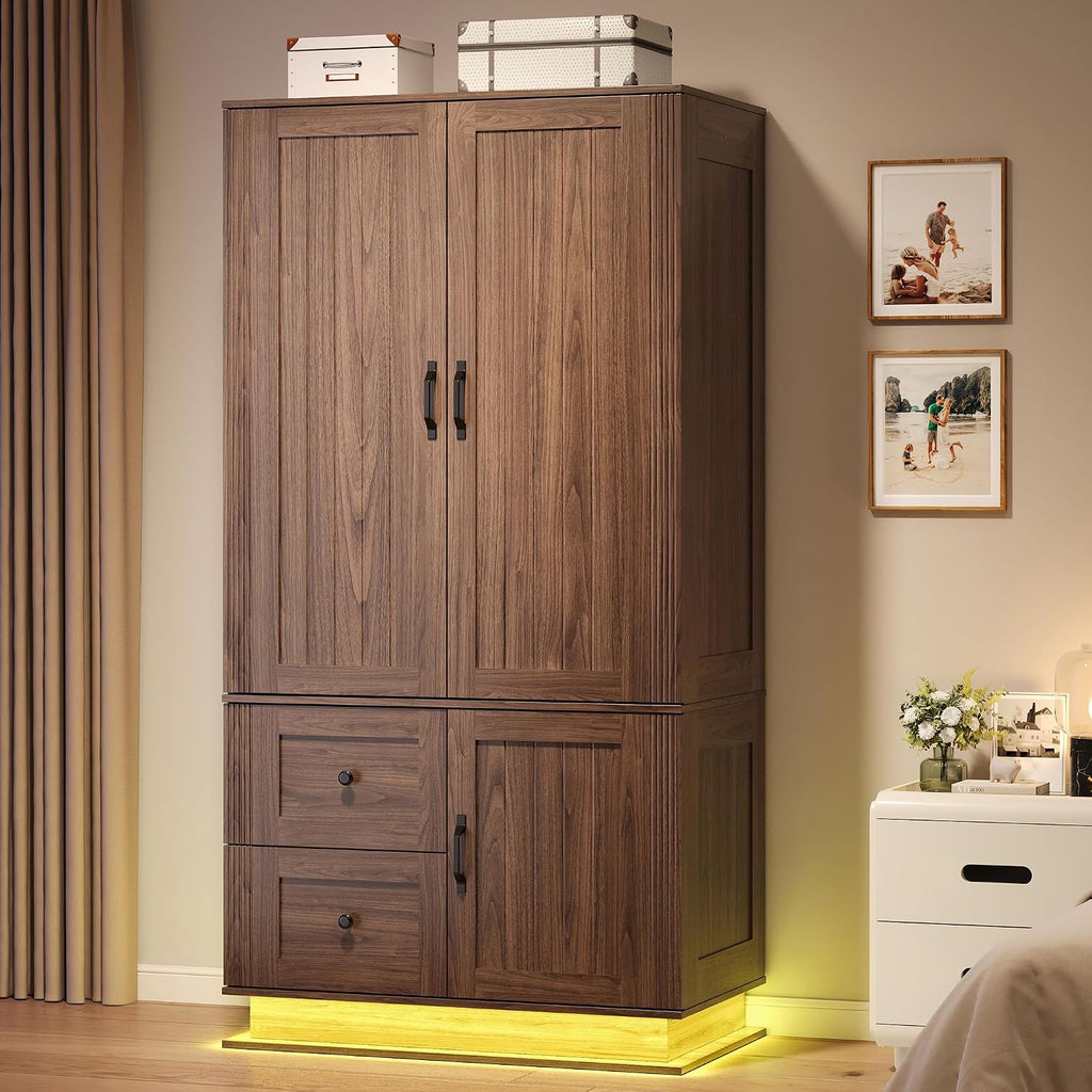 LIKIMIO Farmhouse Wardrobe Closet with Doors, 70' Bedroom Armoires with LED Lights and Hanging Rod, Wooden Large Wardrobe Cabinet with 2 Drawers and 1 Cabinet, Walnut