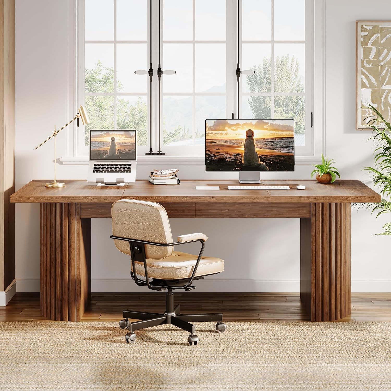 Tribesigns 78.74' Executive Desk, Large Farmhouse Computer Office Desk with Double Pedestal, Wooden Study Writing Table Workstation Conference Table for Home Office, Walnut (Brown)
