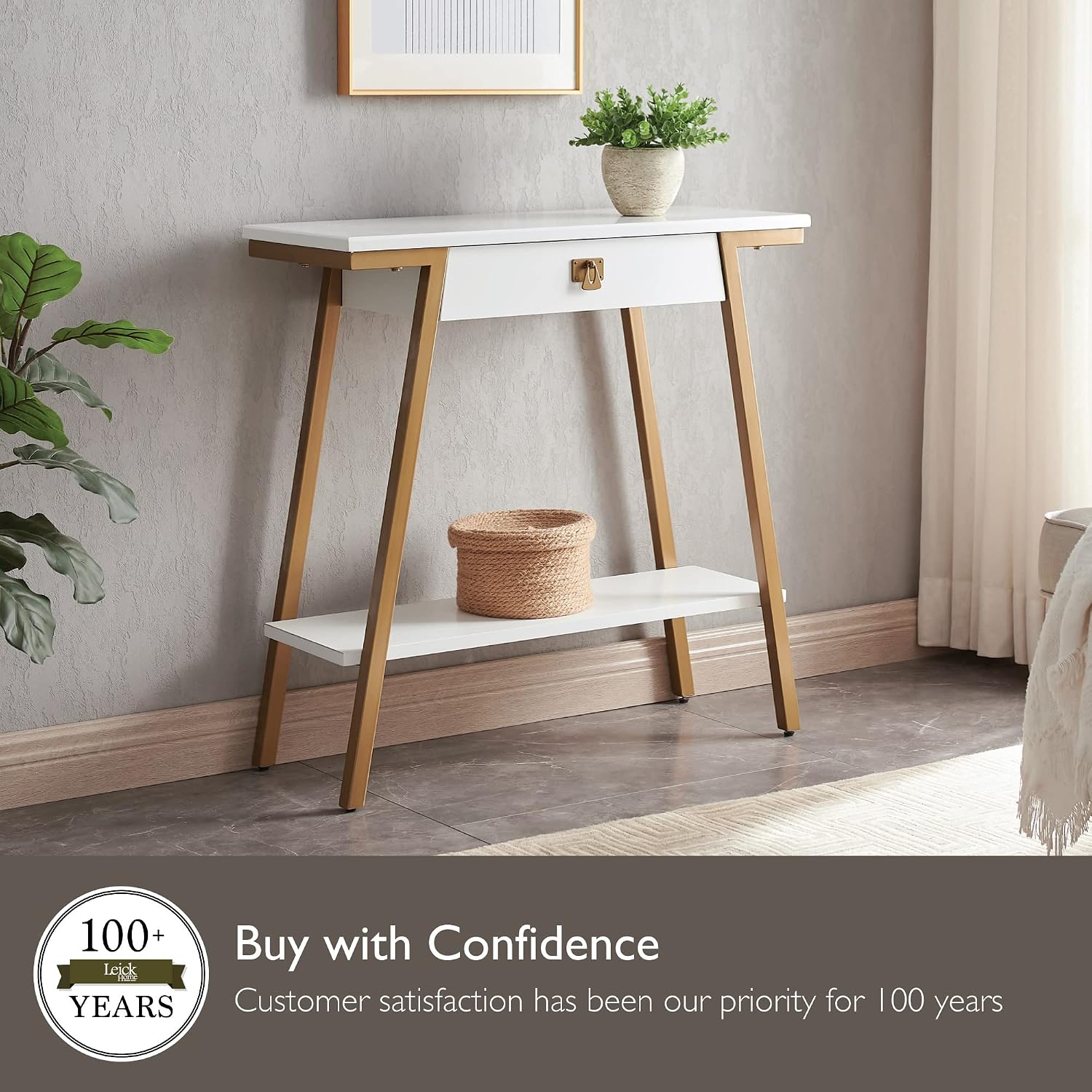 Leick Home 214346 Empiria Wood Console Table with Drawer and Metal Frame for Living Room Entryway Bedroom, White
