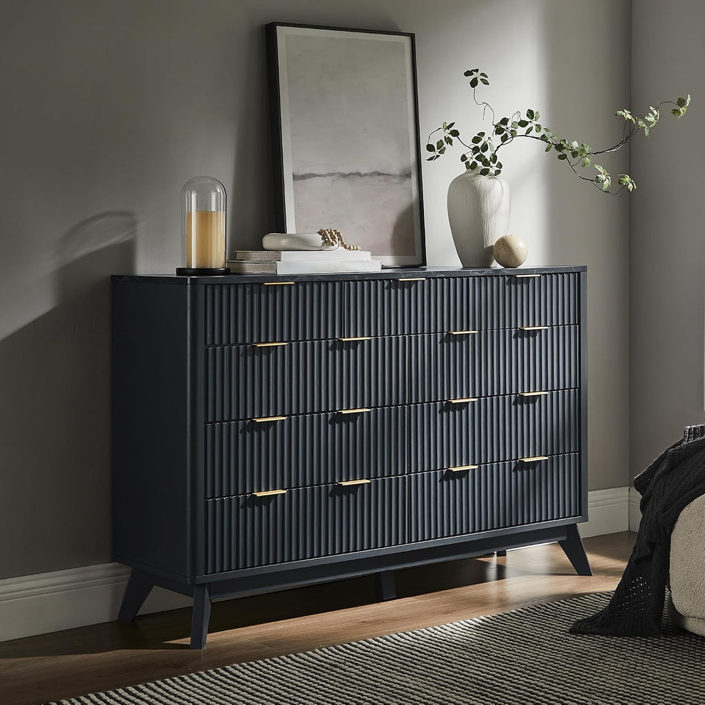 T4TREAM Fluted 9 Drawers Dresser, 54' Wide Modern Chest of Drawers with Faux Marble Top, Curved Profile Design, Dresser TV Stand, Wood Drawer Organizer for Bedroom, Living Room, Hallway, Dark Grey