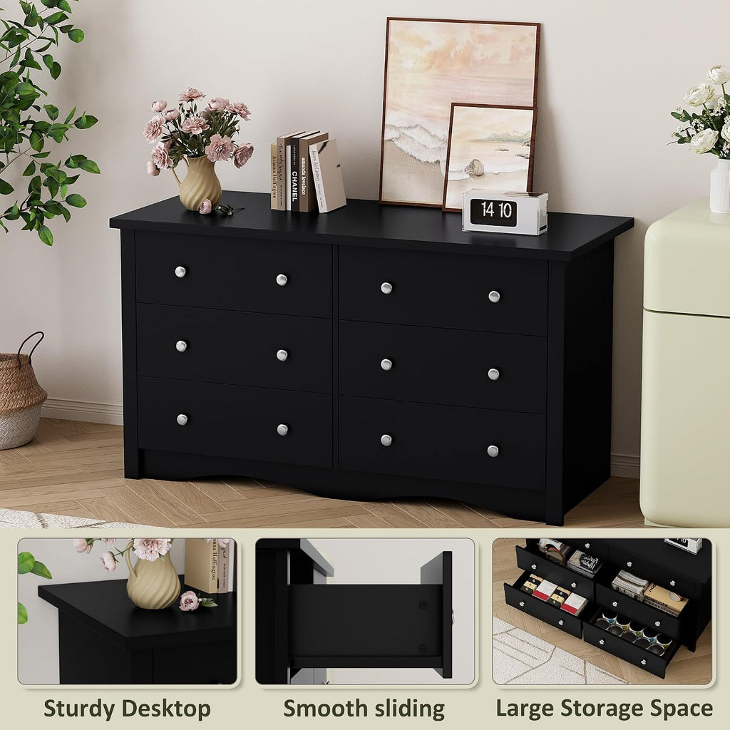 YESHOMY Black Dresser, 6 Drawers Dresser for Bedroom, Modern Chest of Drawers, Wooden Dressers, TV Stand for Living Room,Closet, Hallway