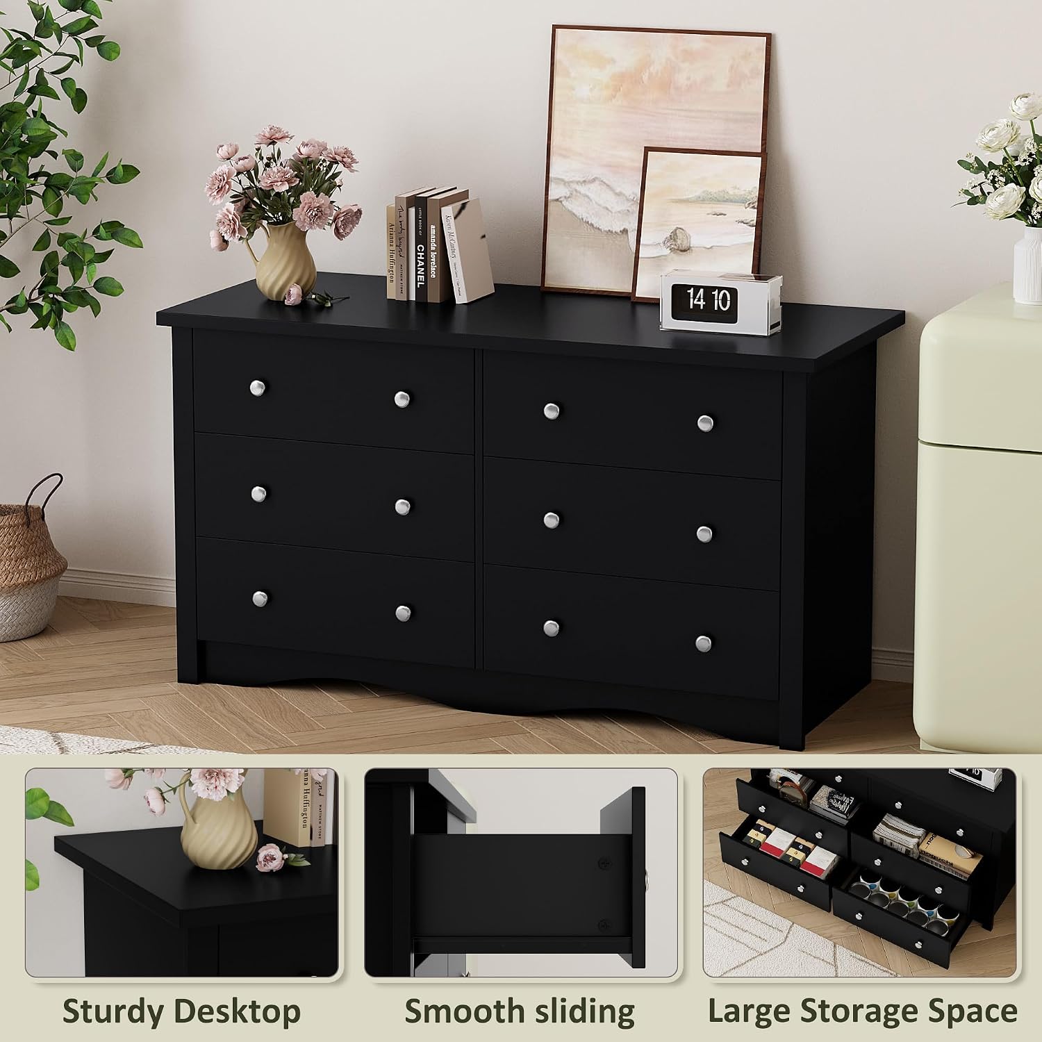 YESHOMY Black Dresser, 6 Drawers Dresser for Bedroom, Modern Chest of Drawers, Wooden Dressers, TV Stand for Living Room,Closet, Hallway