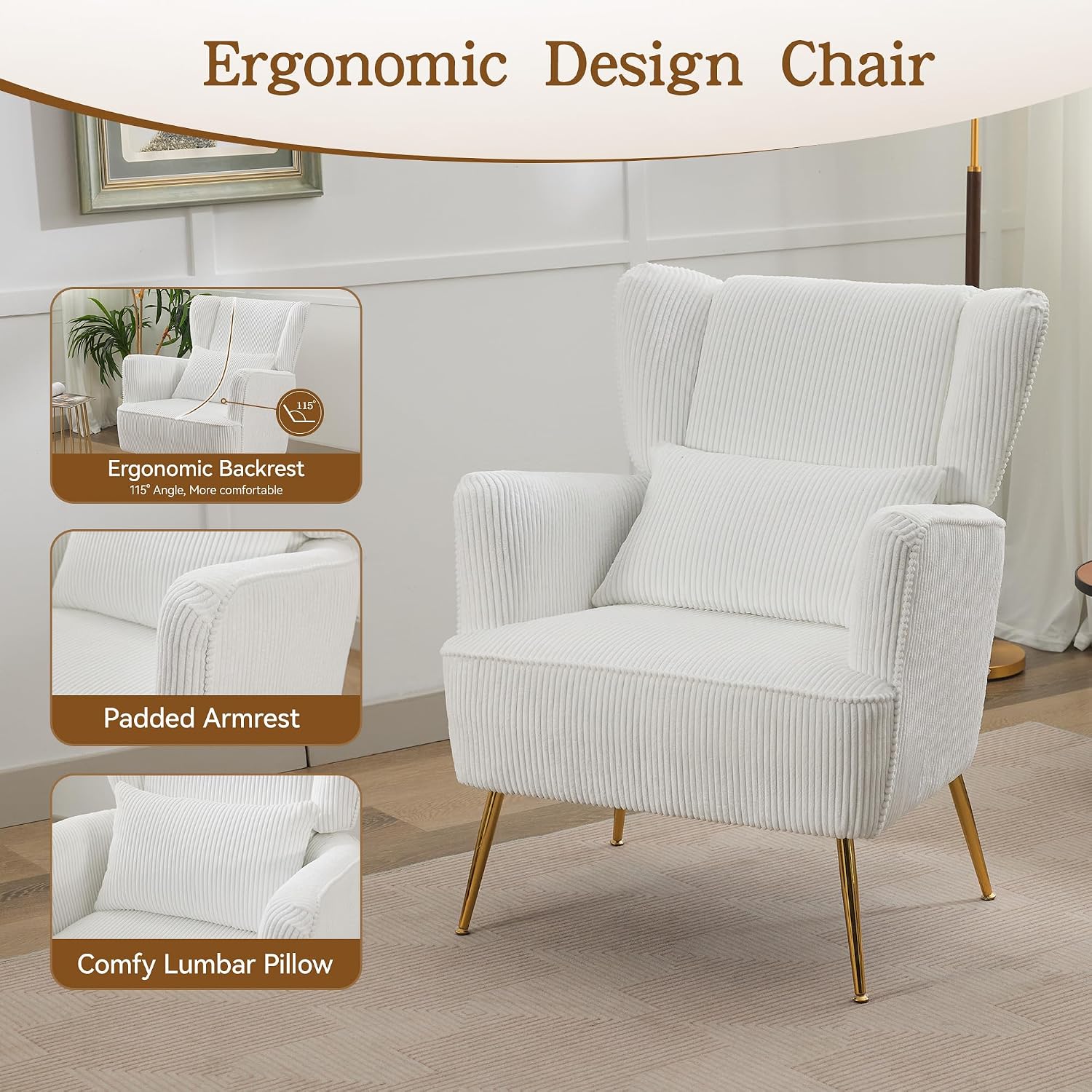 WUTUTUEE Corduroy Accent Living Room Arm Chair with Pillow & Golden Legs, 8.5' Thick Cushion, Mid Century Modern Wingback Chairs Upholstered Comfy Sofa Armchair for Reading Room/Bedroom, White