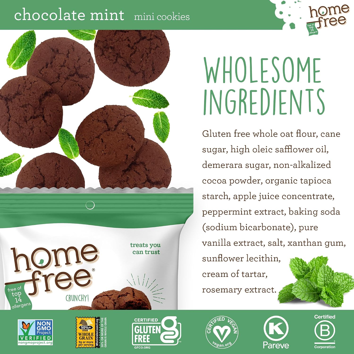 Homefree Chocolate Mint Mini Cookies, Gluten Free, Nut Free, Vegan, Individually Wrapped Packs, School Safe and Allergy Friendly Snack, 0.95 oz. (Pack of 64)