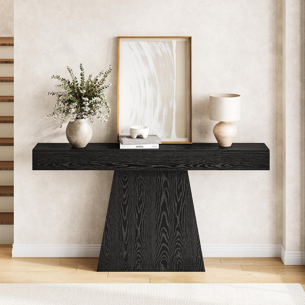 LITTLE TREE 63' Entryway Table, Modern Black Wooden Console Table with Trapezoidal Base for Living Room, Entrance, Hallway, Foyer, Behind the Couch