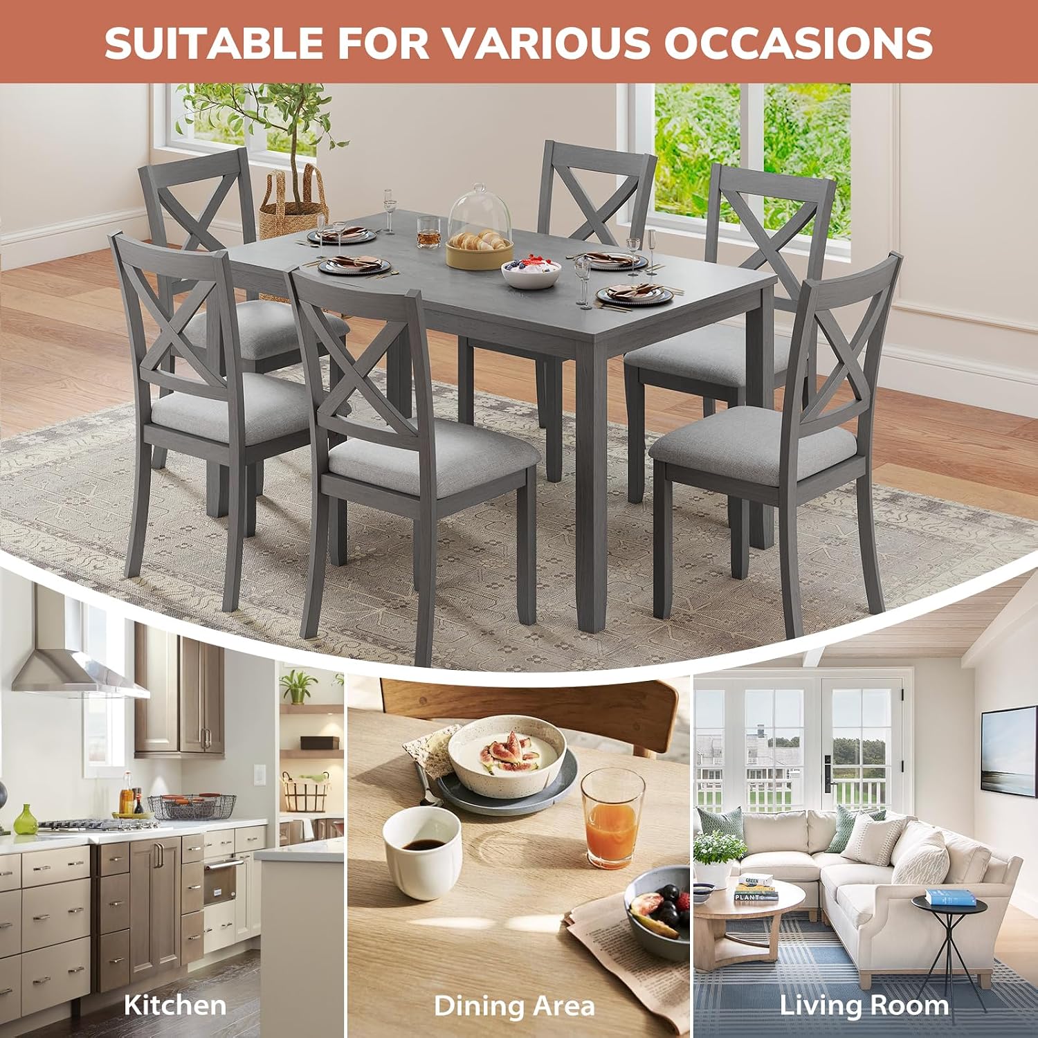 Zevemomo 7-Piece Solid Wood Dining Table Set with 6 Upholstered Chairs, Space Saving Dinner Table & Chairs Set, Farmhouse Wooden Legs Dining Table Set for Living Room, Kitchen, Grey