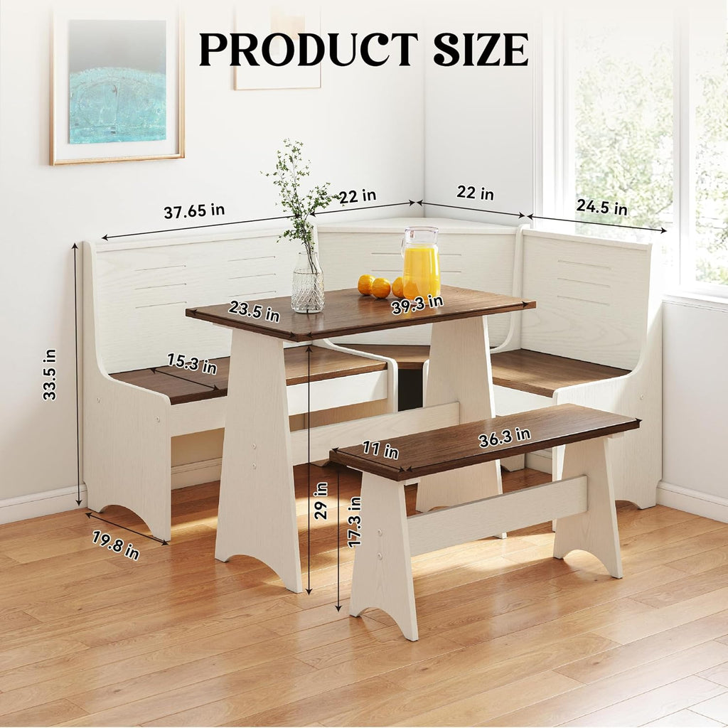 Breakfast Nook Kitchen Corner Dining Table Bench Chair Set, Hidden Storage Space-Saving 3-5 Seat L-Shape for Farmhouse Family Home White Brown Wood