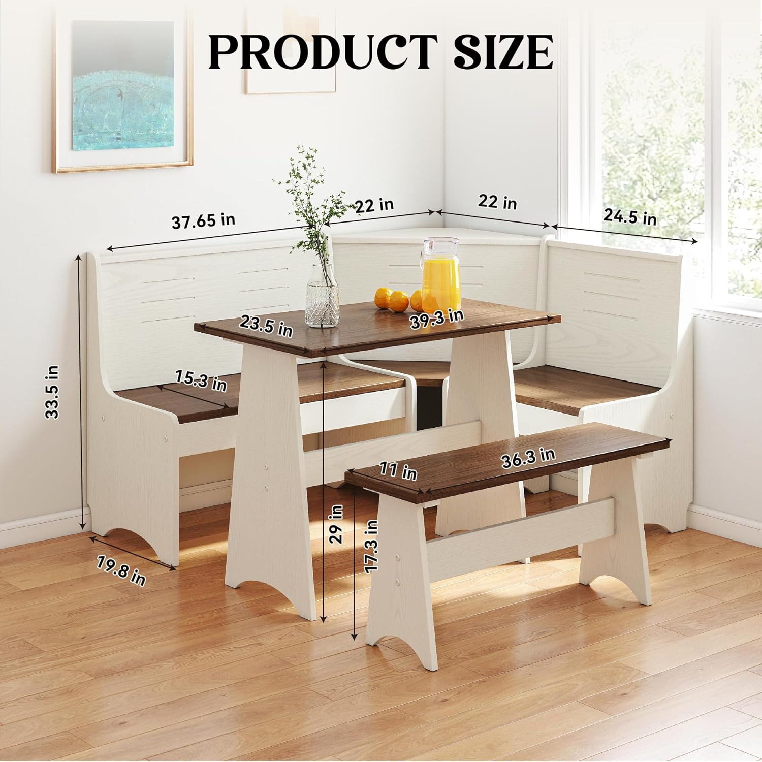 Breakfast Nook Kitchen Corner Dining Table Bench Chair Set, Hidden Storage Space-Saving 3-5 Seat L-Shape for Farmhouse Family Home White Brown Wood
