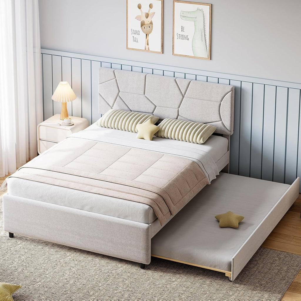 Garvee Queen Size Bed Frame with Trundle, Upholstered Platform Bed Frame with Headboard, Trundle Bed Twin, Wood Slat Support, for Bedroom, Living Room, Guest Room