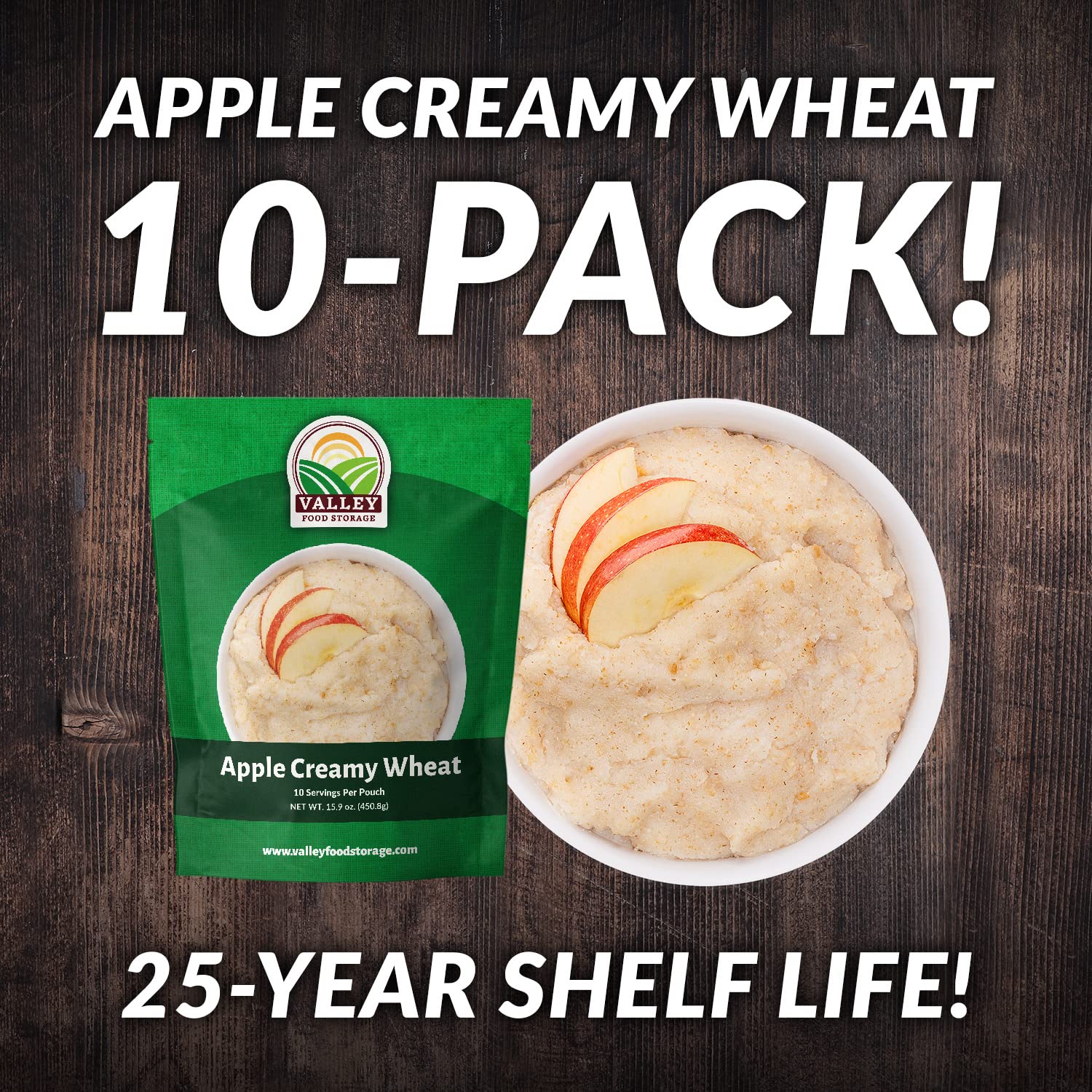 Valley Food Storage Apple Creamy Wheat | 100 Serving Emergency Breakfast Food Supply, 10-Bag Bucket | 25 Year Shelf Life | Survival Meals for Long Term Food Storage, Camping & Prepper Supplies