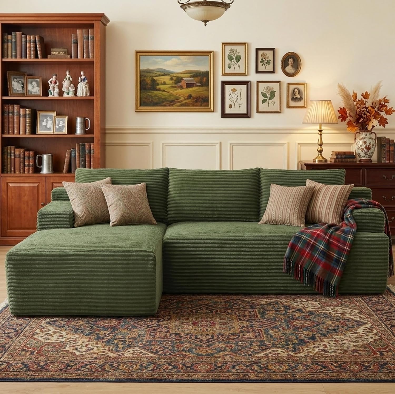 96' Corduroy Sectional Sofa Boneless Couches for Living Room - L Shaped Compressed Cloud Couch with Left Facing Chaise Lounge and Side Pockets