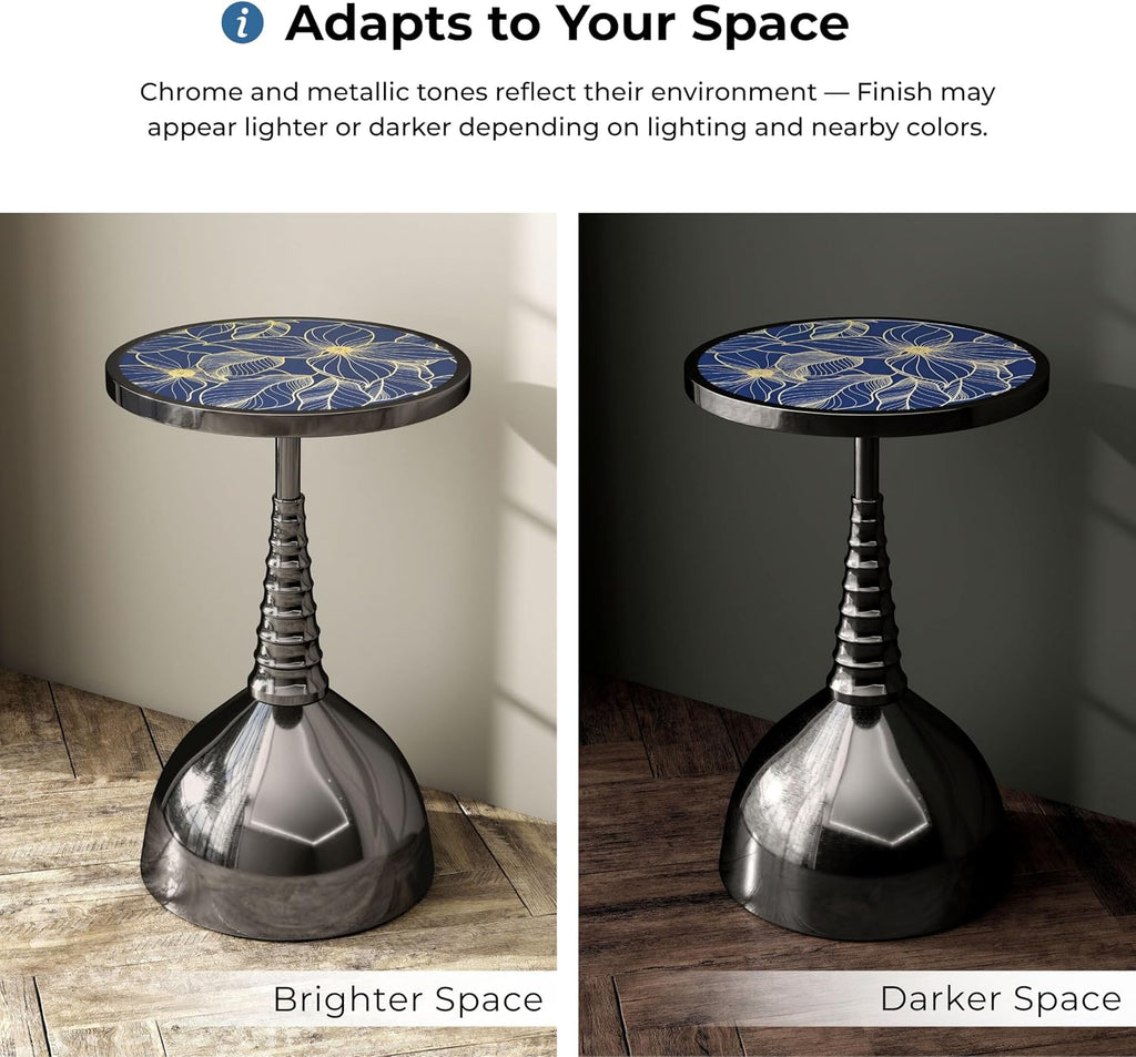 Homes: Inside + Out Halric Modern 24' Tall Round End Table with Decorated Tabletop and Iron Metal Base, Accent Furniture, Elegant Pedestal Stand for Living Room, Home Office, Black with Floral Print