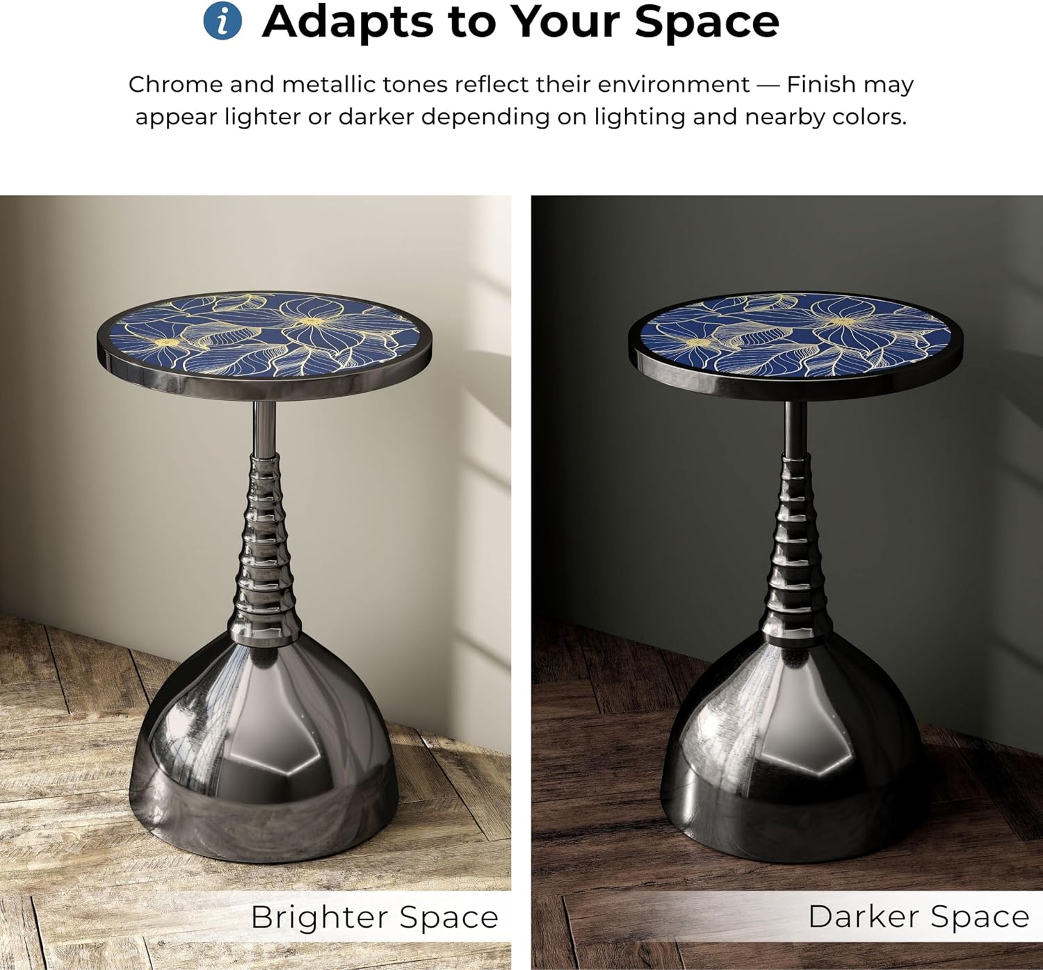 Homes: Inside + Out Halric Modern 24' Tall Round End Table with Decorated Tabletop and Iron Metal Base, Accent Furniture, Elegant Pedestal Stand for Living Room, Home Office, Black with Floral Print
