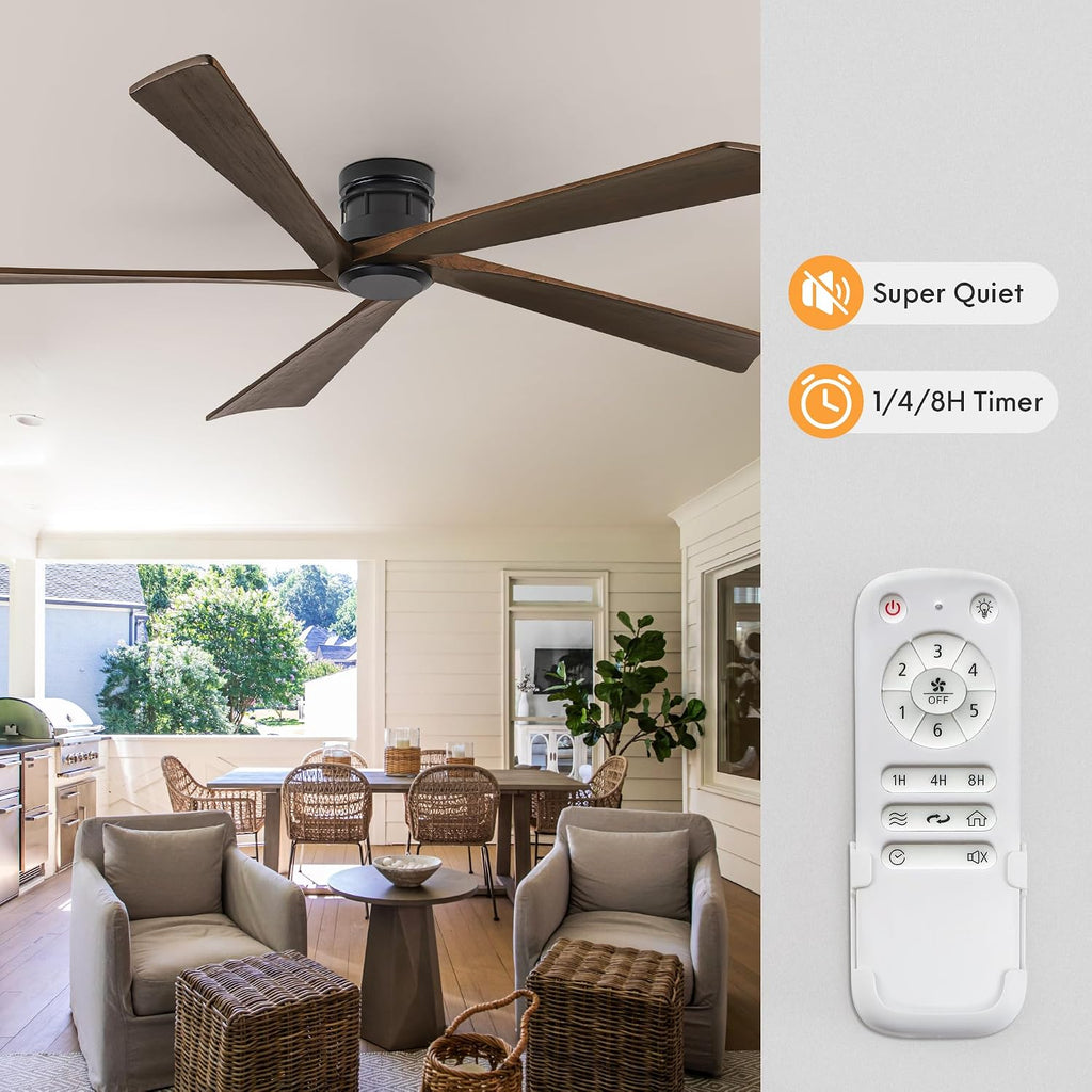 EKIZNSN 84 Inch Low Profile Flush Mount Outdoor Ceiling Fan without Light for Patios, 5 Walnut Wood Blades, 6-Gear Speed, 110V Noiseless DC Motor (Black Finish with Walnut Blades)