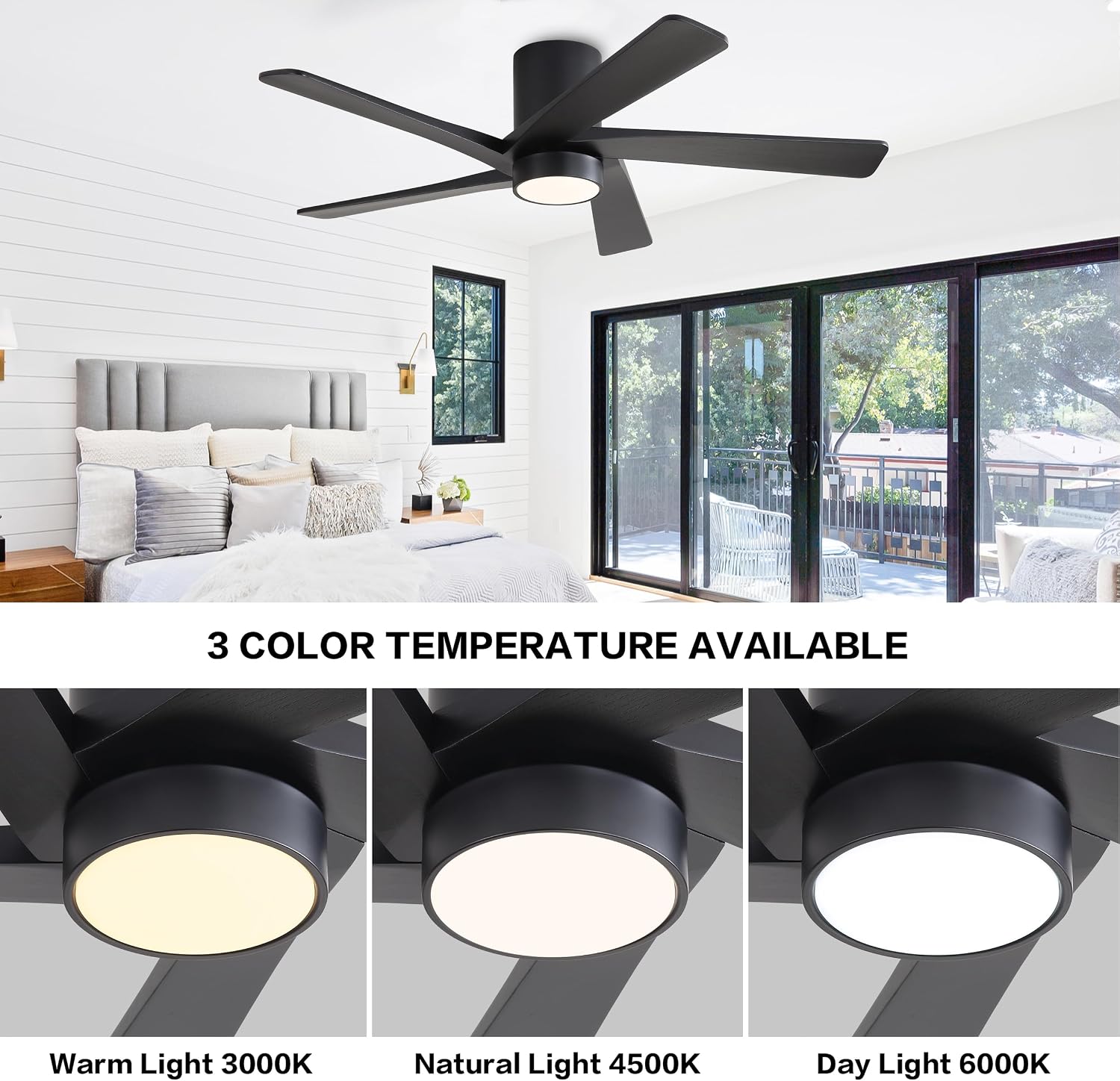 WINGBO 48 Inch Flush Mount DC Ceiling Fan with Lights and Remote, 5 Reversible Carved Wood Blades, 6-Speed Noiseless DC Motor, Hugger Ceiling Fan in Black Finish, Low Profile Ceiling Fans, ETL Listed