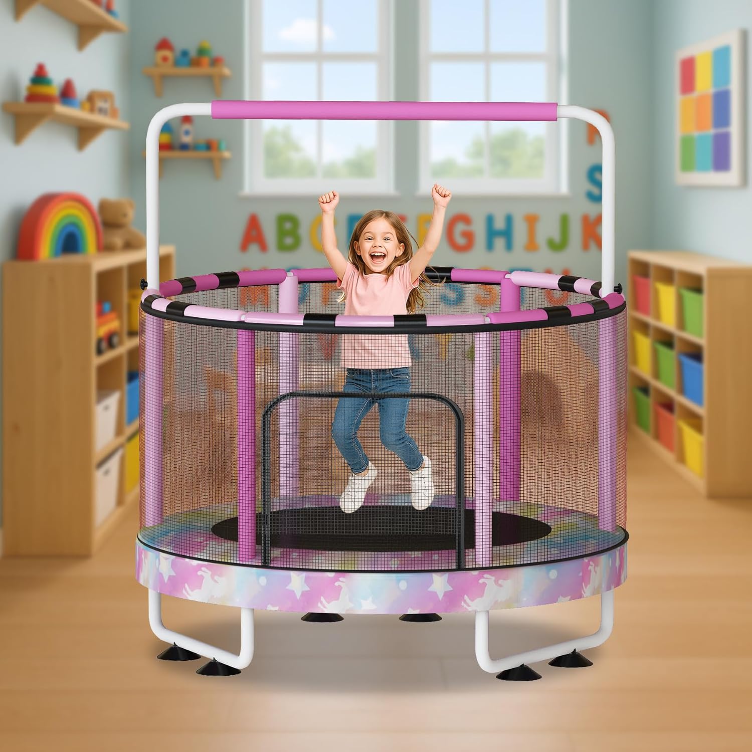 Lamerge Kids Trampoline, Toddler Bouncing Trampoline with Safety Enclosure Net, ASTM-Approved, 500lbs Capacity, Ages 1-8, Adjustable Handrail, 7-in-1, 60'